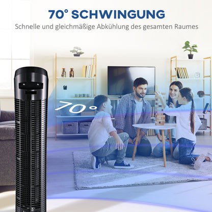 Stand Fan 45 W Tower Fan Fan quiet 3 Ventilation Levels, 70° Oscillation, ABS, Black, Ø27 x H75 cm