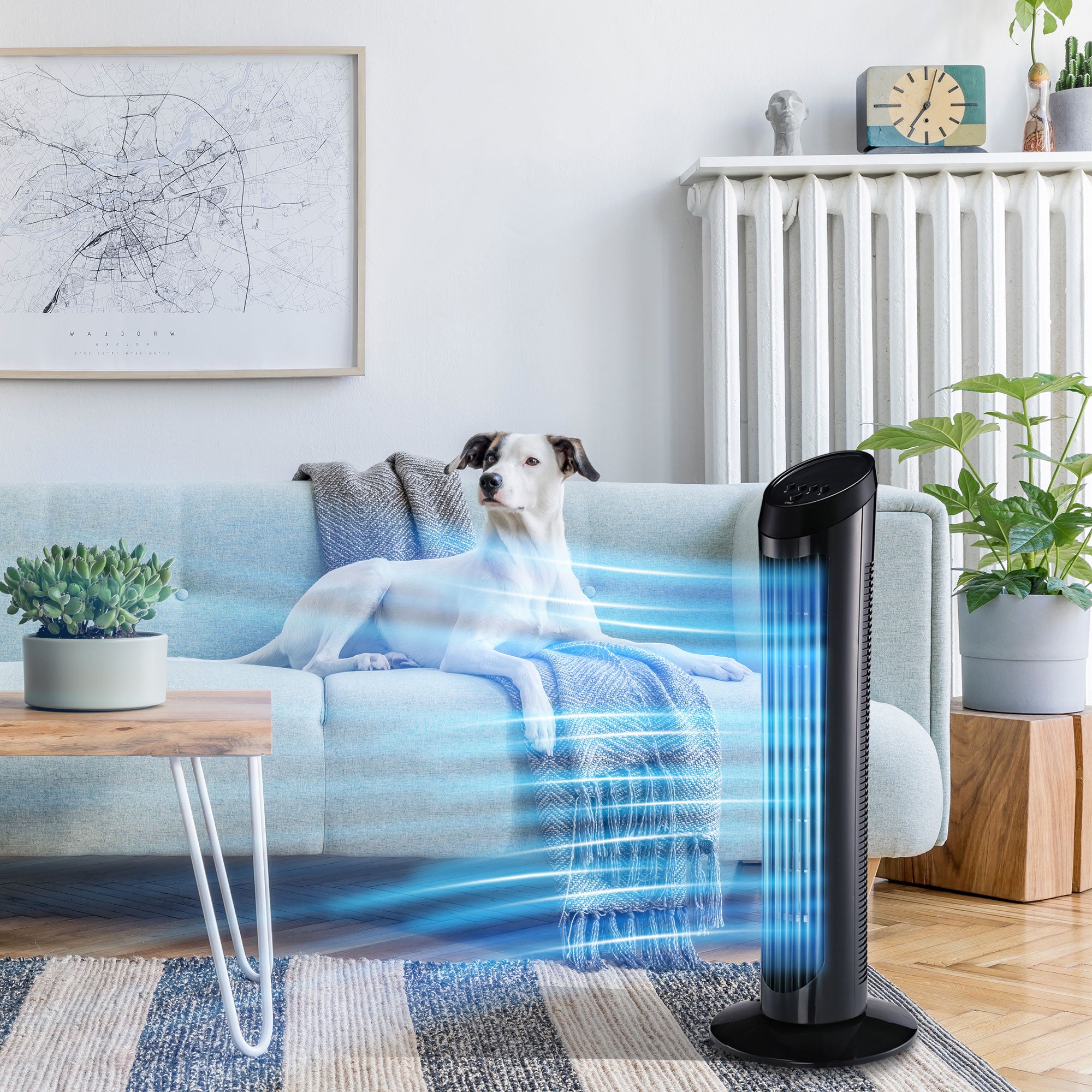 Stand Fan 45 W Tower Fan Fan quiet 3 Ventilation Levels, 70° Oscillation, ABS, Black, Ø27 x H75 cm
