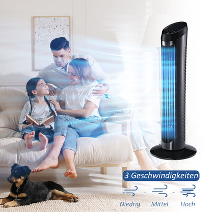 Stand Fan 45 W Tower Fan Fan quiet 3 Ventilation Levels, 70° Oscillation, ABS, Black, Ø27 x H75 cm