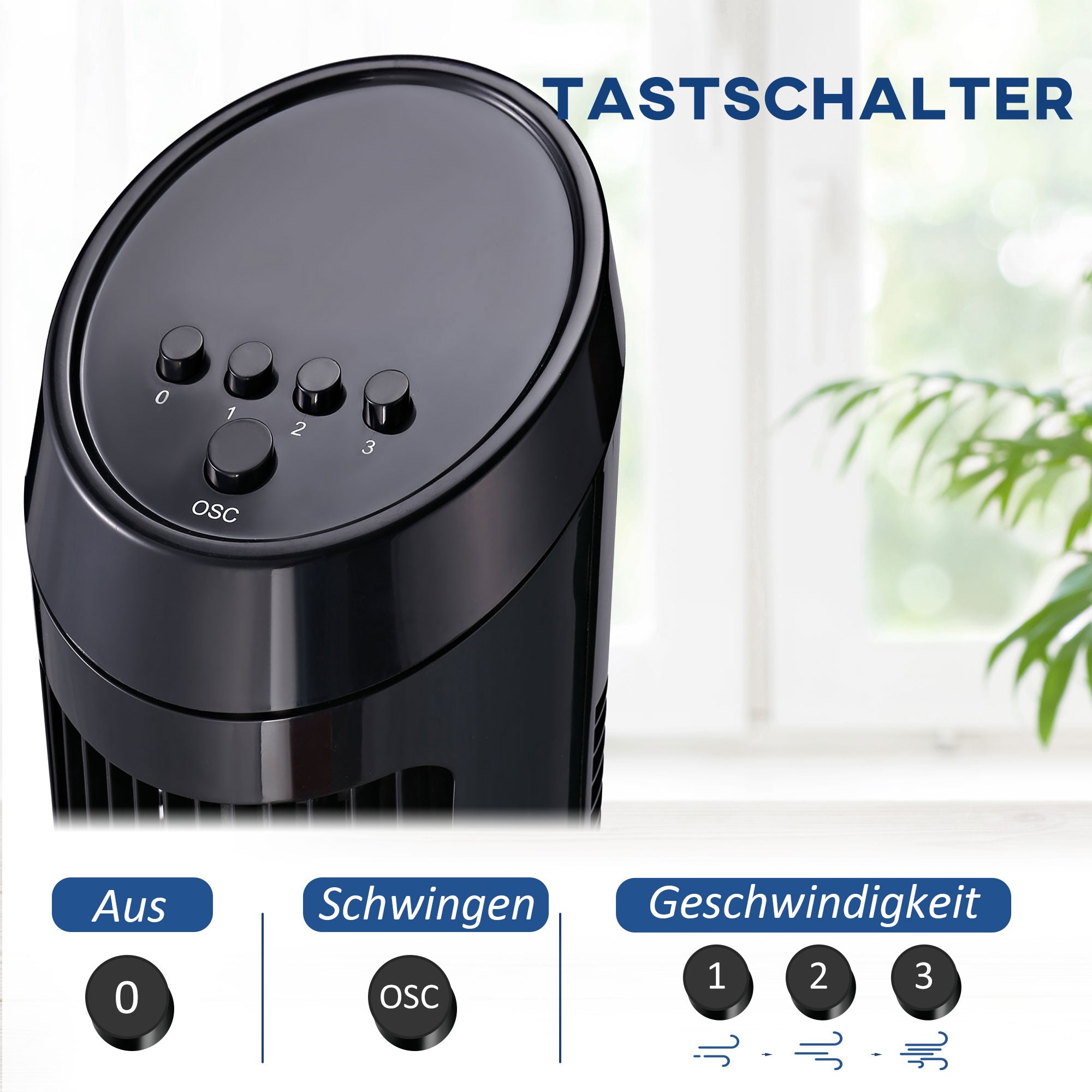 Stand Fan 45 W Tower Fan Fan quiet 3 Ventilation Levels, 70° Oscillation, ABS, Black, Ø27 x H75 cm
