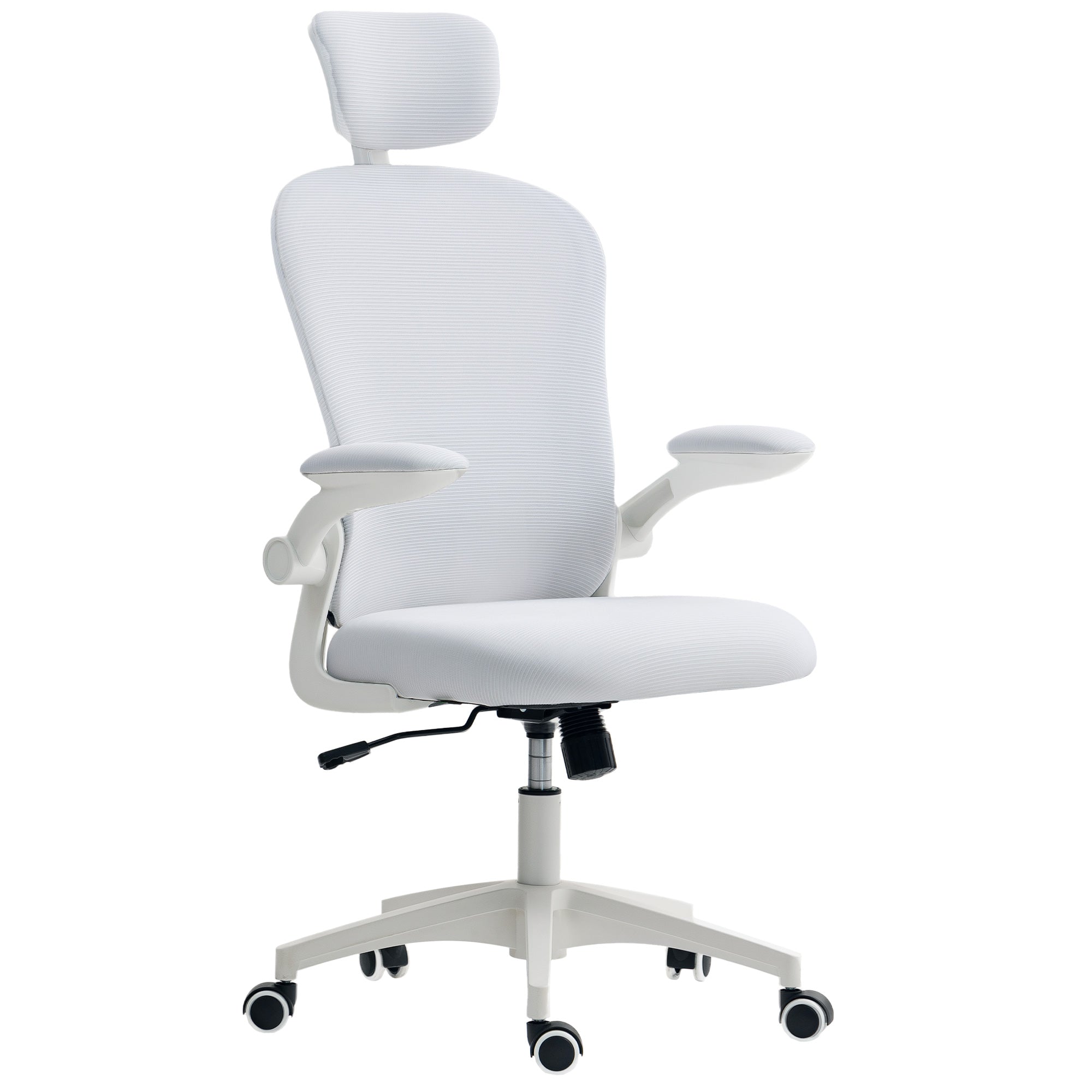 Mesh Office Chair, Swivel Desk Chair with Tilt Function, High Back, Adjustable Headrest, 4D Lumbar Support, Folding Arms, Height Adjustable, White