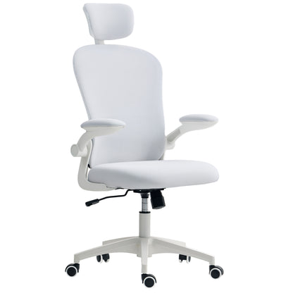Mesh Office Chair, Swivel Desk Chair with Tilt Function, High Back, Adjustable Headrest, 4D Lumbar Support, Folding Arms, Height Adjustable, White