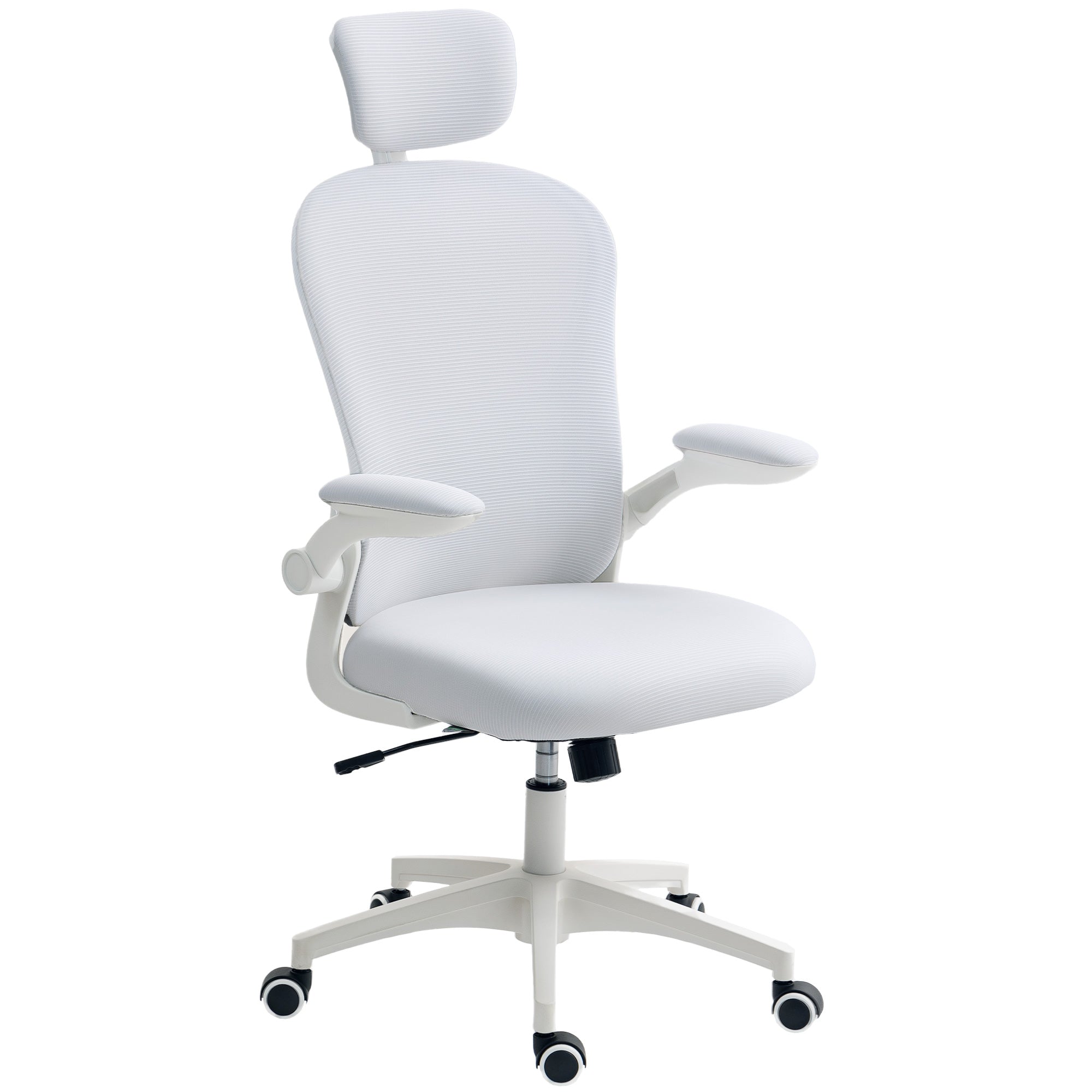 Mesh Office Chair, Swivel Desk Chair with Tilt Function, High Back, Adjustable Headrest, 4D Lumbar Support, Folding Arms, Height Adjustable, White