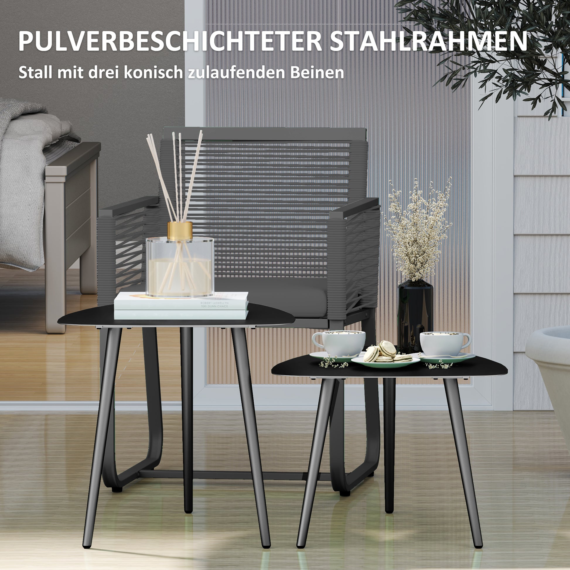 Coffee Table 2-Piece Set, Weatherproof Steel Balcony Table, Side Table in Geometric Design, Outdoor Coffee Table, Garden Table Patio Table for Garden Terrace Balcony Black