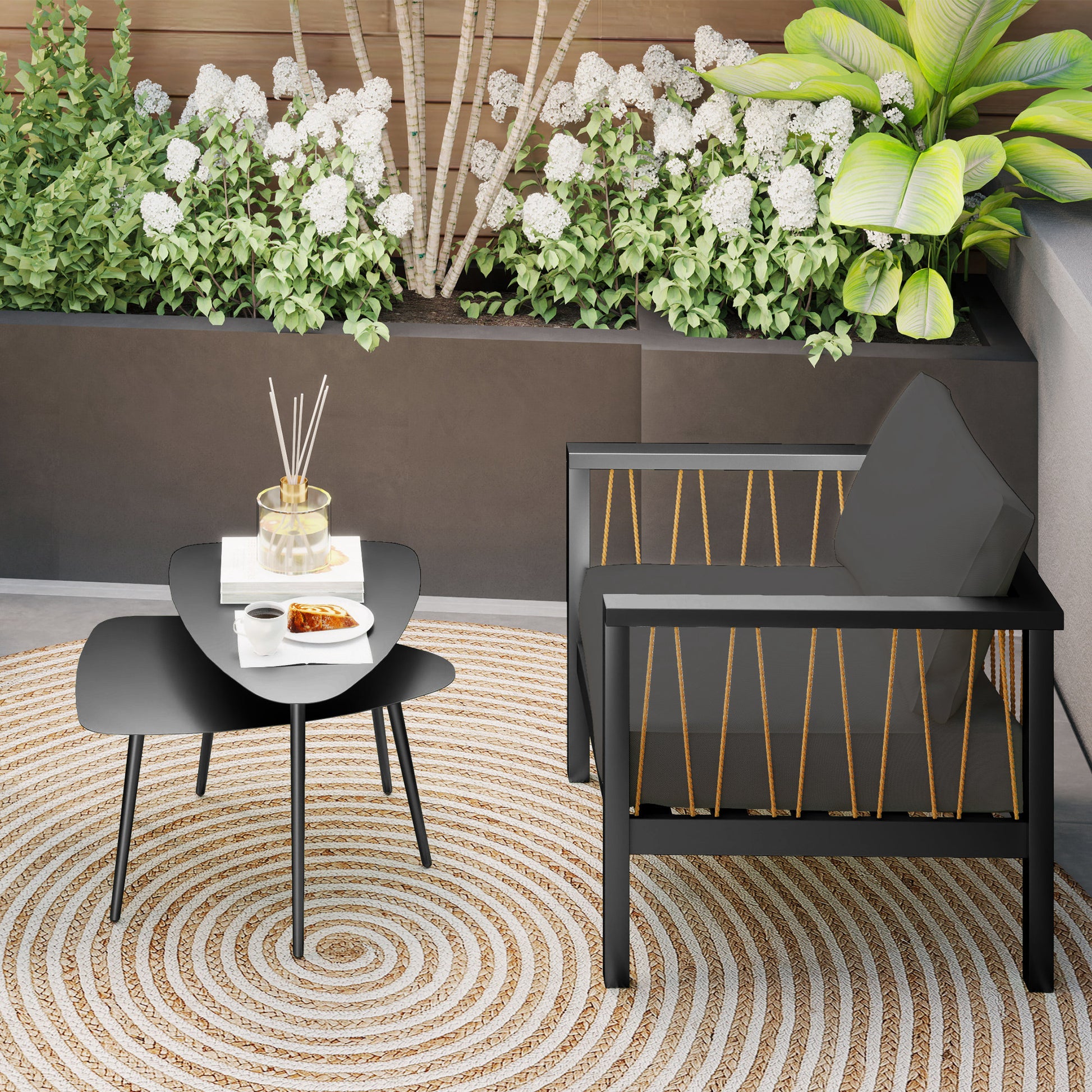 Coffee Table 2-Piece Set, Weatherproof Steel Balcony Table, Side Table in Geometric Design, Outdoor Coffee Table, Garden Table Patio Table for Garden Terrace Balcony Black
