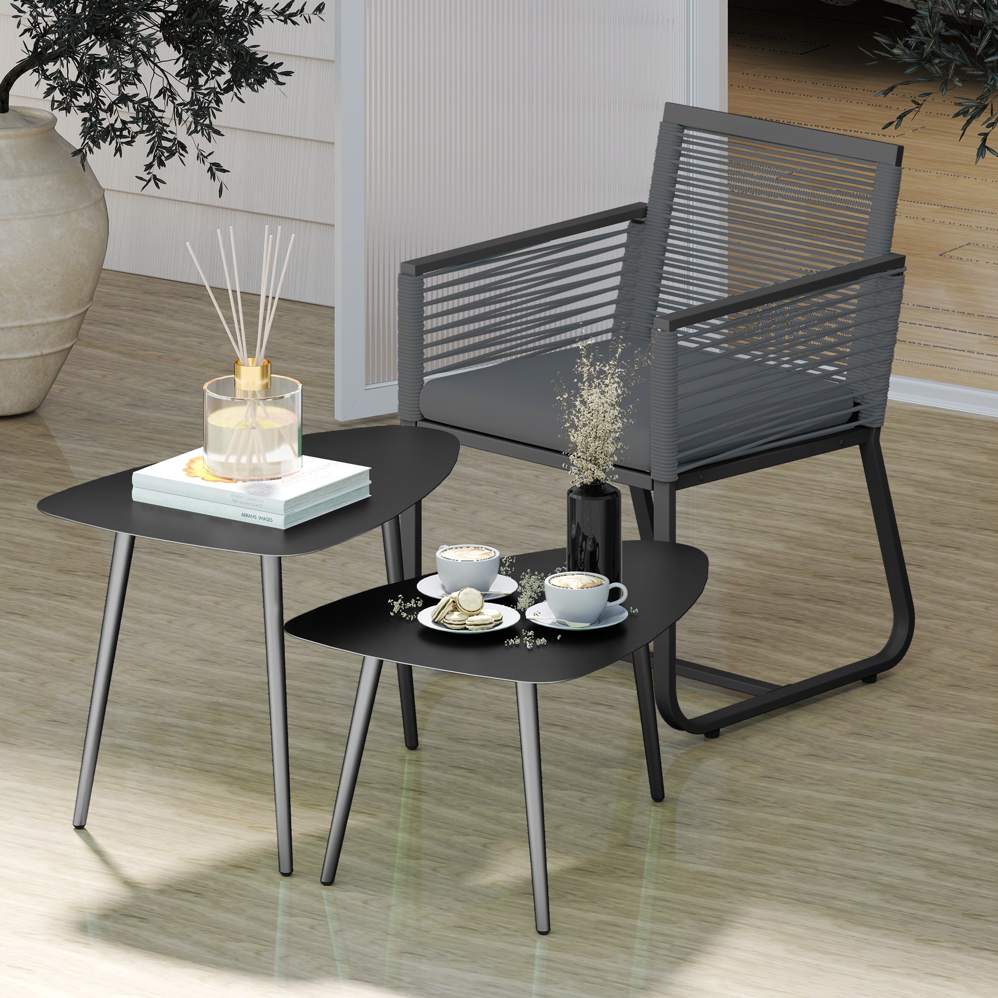 Coffee Table 2-Piece Set, Weatherproof Steel Balcony Table, Side Table in Geometric Design, Outdoor Coffee Table, Garden Table Patio Table for Garden Terrace Balcony Black
