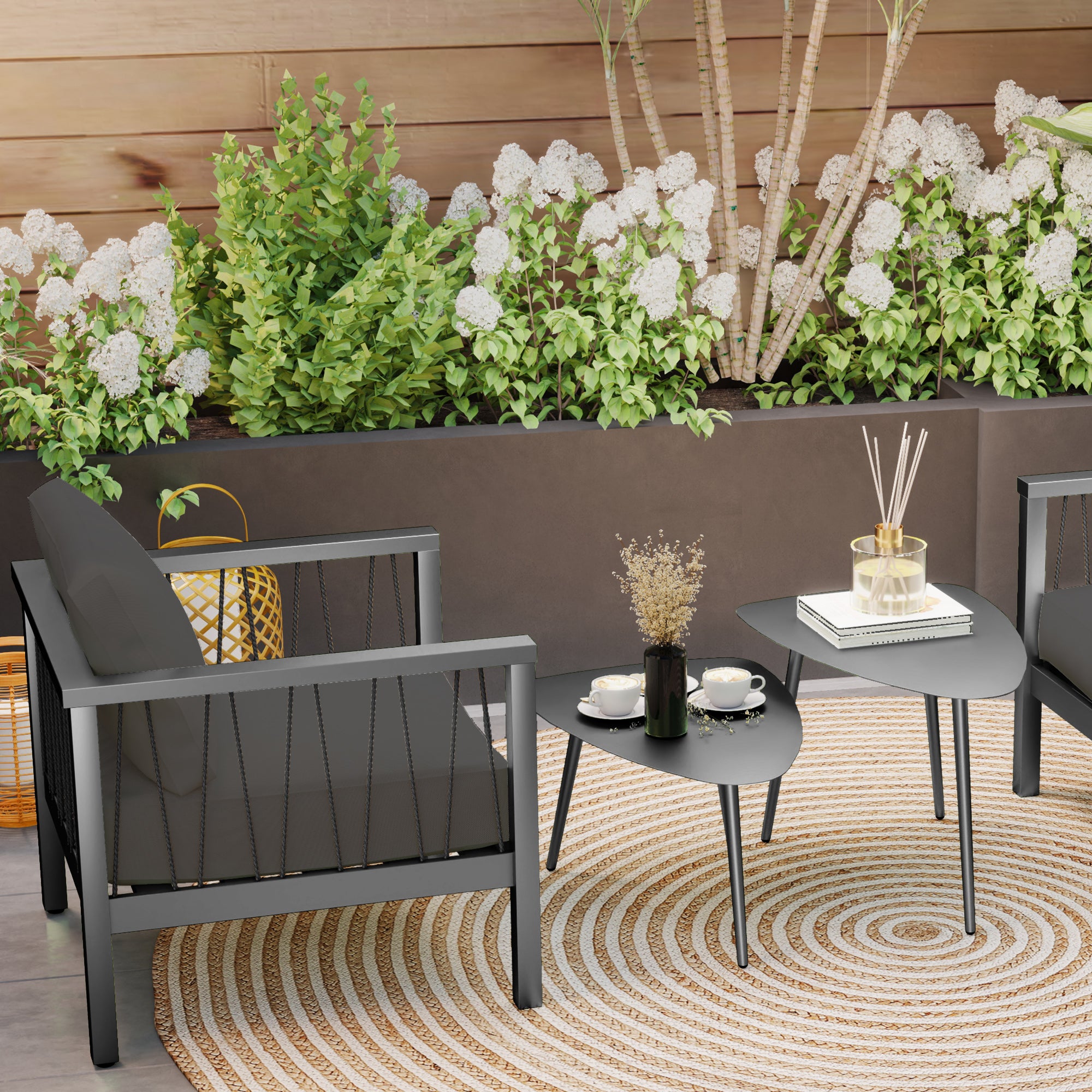 Coffee Table 2-Piece Set, Weatherproof Steel Balcony Table, Side Table in Geometric Design, Outdoor Coffee Table, Garden Table Patio Table for Garden Terrace Balcony Black