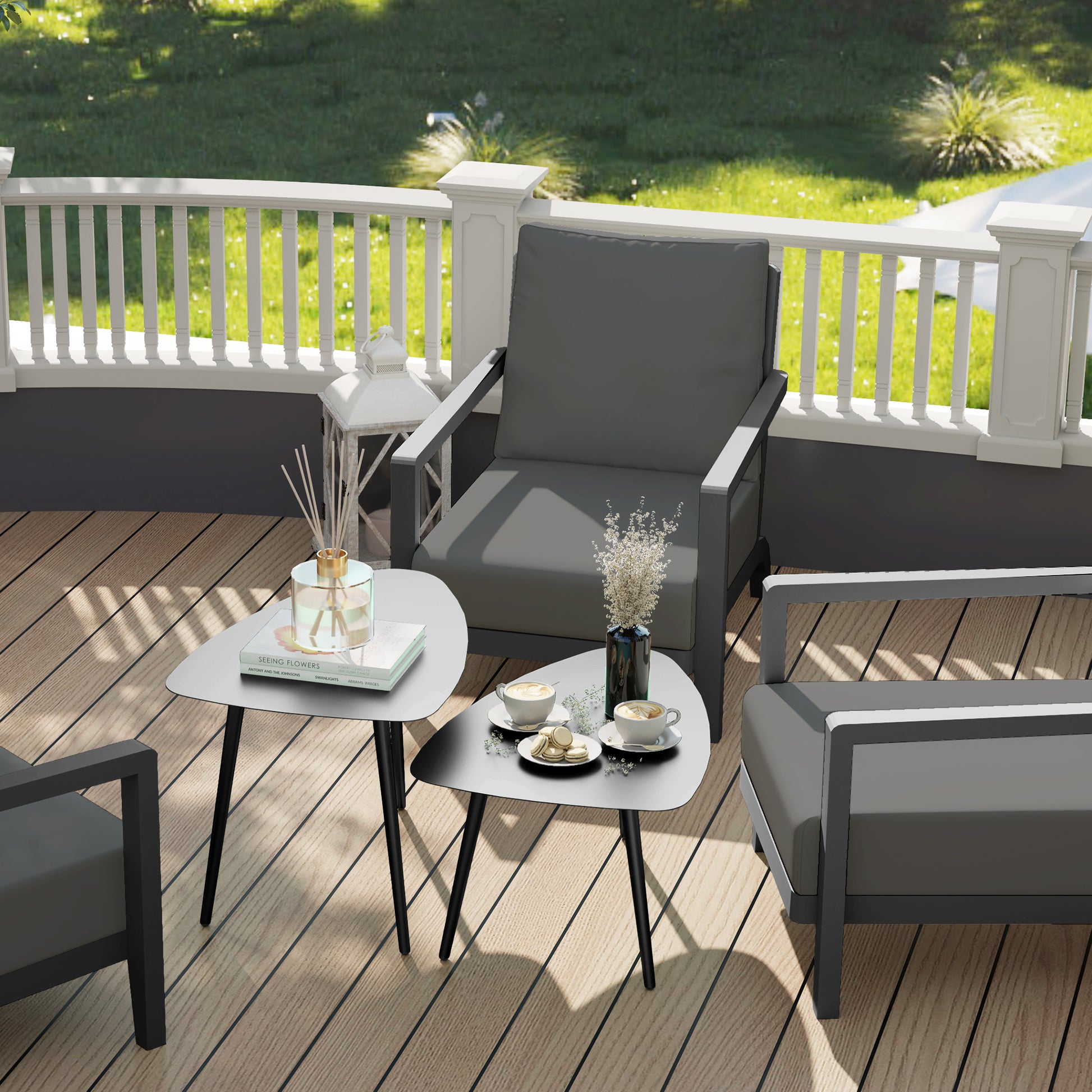 Coffee Table 2-Piece Set, Weatherproof Steel Balcony Table, Side Table in Geometric Design, Outdoor Coffee Table, Garden Table Patio Table for Garden Terrace Balcony Black