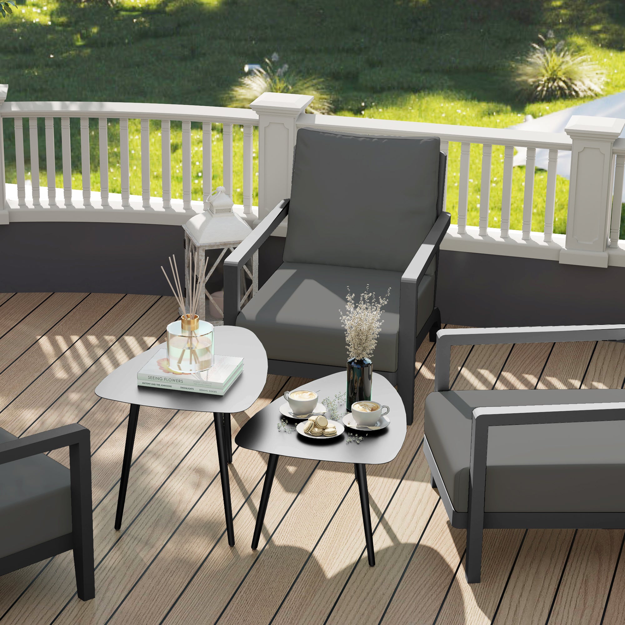 Coffee Table 2-Piece Set, Weatherproof Steel Balcony Table, Side Table in Geometric Design, Outdoor Coffee Table, Garden Table Patio Table for Garden Terrace Balcony Black