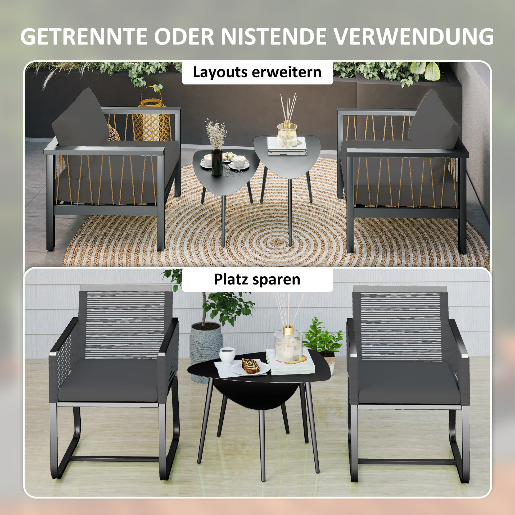 Coffee Table 2-Piece Set, Weatherproof Steel Balcony Table, Side Table in Geometric Design, Outdoor Coffee Table, Garden Table Patio Table for Garden Terrace Balcony Black