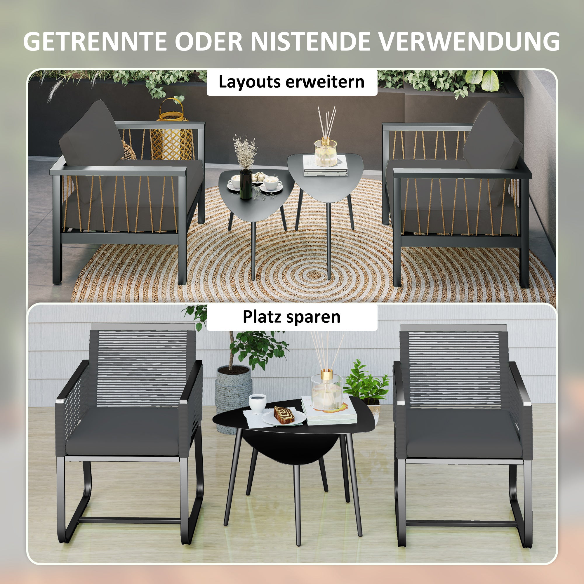 Coffee Table 2-Piece Set, Weatherproof Steel Balcony Table, Side Table in Geometric Design, Outdoor Coffee Table, Garden Table Patio Table for Garden Terrace Balcony Black