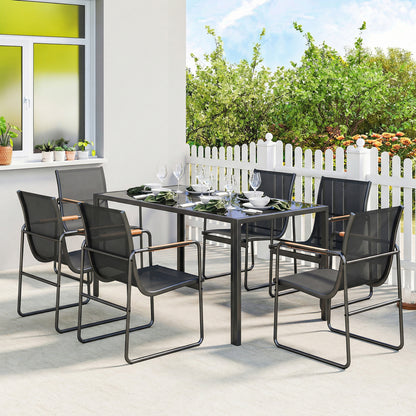 7-Piece Outdoor Dining Set — 59.1" x 31.5" Tempered Glass Table with 6 Breathable Mesh Chairs, Weather-Resistant, Black