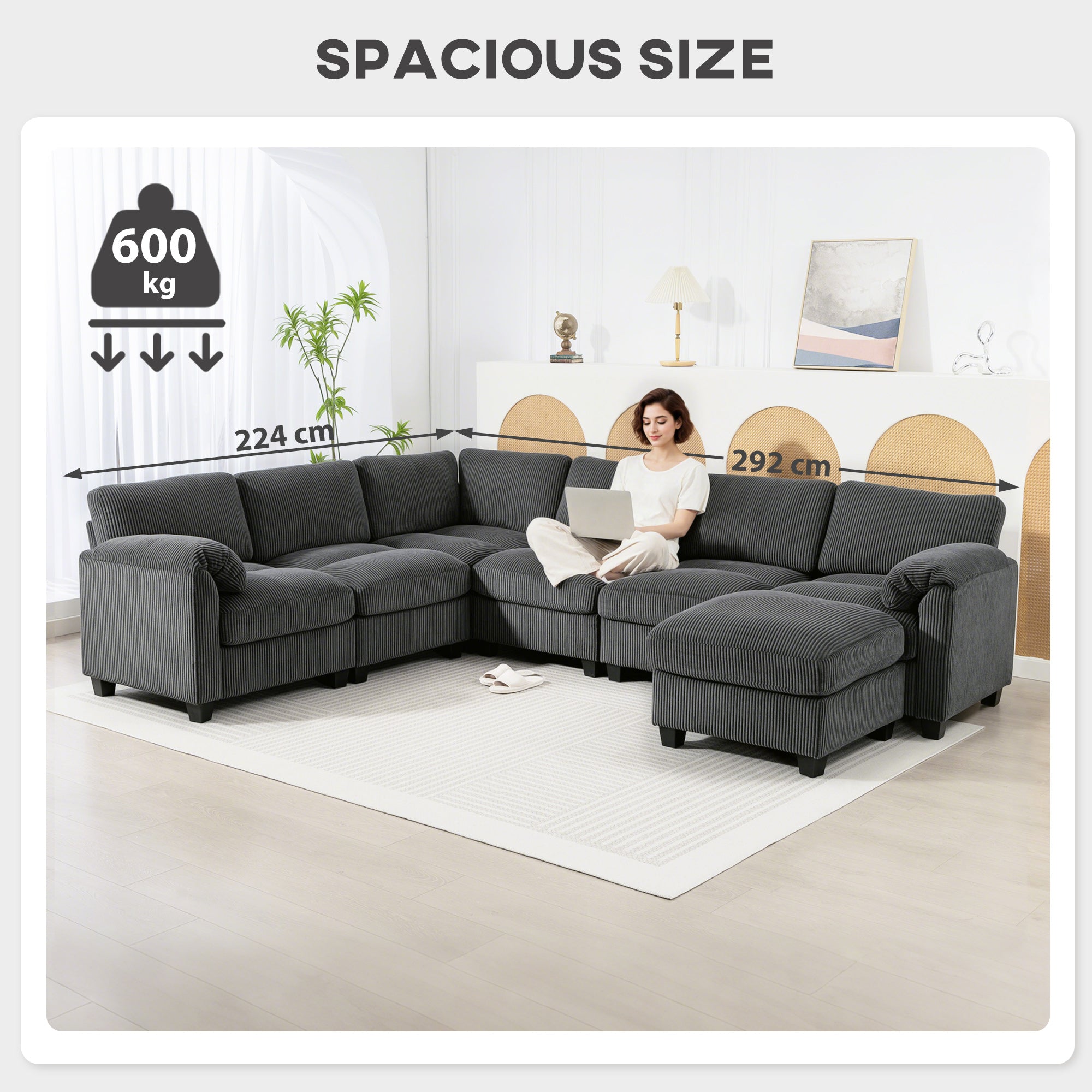 U-Shaped Corner Sofa, 292 x 224 cm (115" x 88") Sectional — Cord Fabric, Pocket-Sprung Cushions, Thick Padded Arms, Removable Ottoman, Sleeper Sofa, Dark Gray