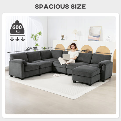 U-Shaped Corner Sofa, 292 x 224 cm (115" x 88") Sectional — Cord Fabric, Pocket-Sprung Cushions, Thick Padded Arms, Removable Ottoman, Sleeper Sofa, Dark Gray