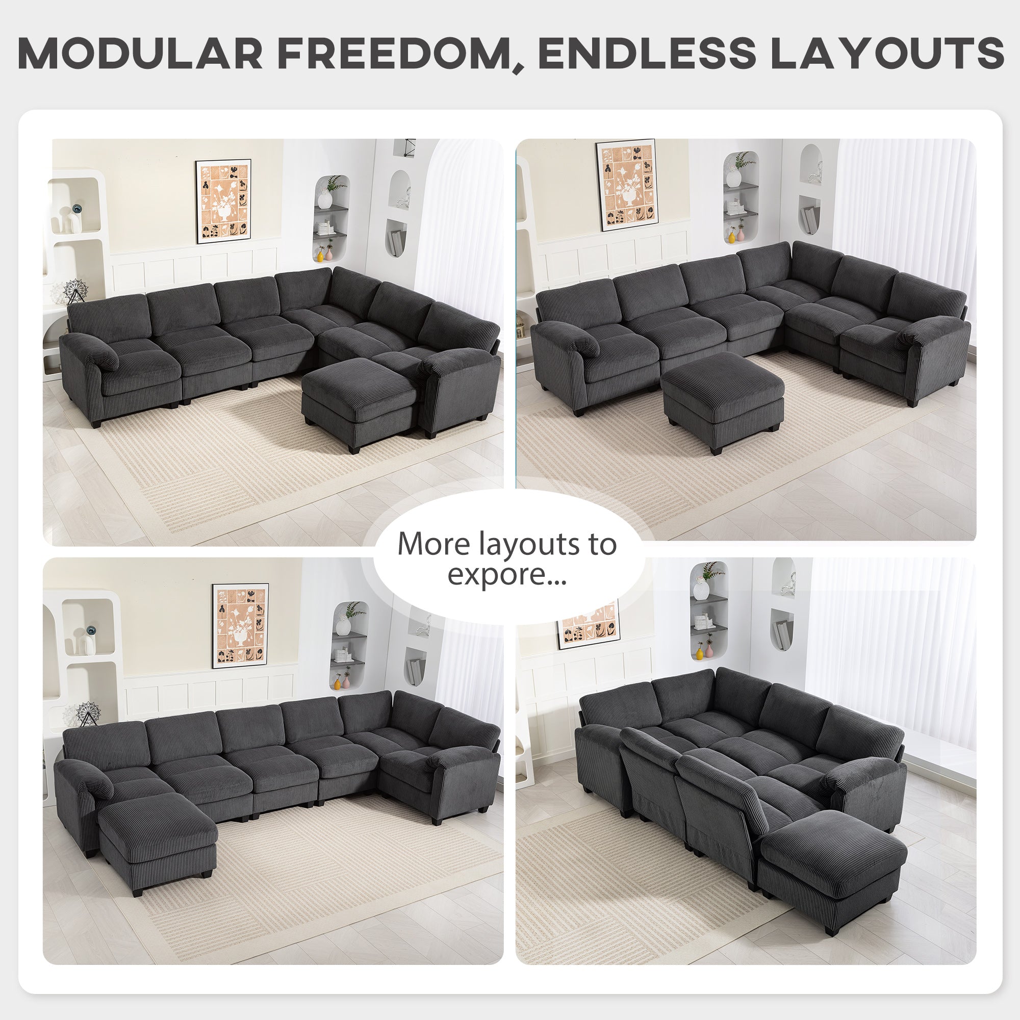 U-Shaped Corner Sofa, 292 x 224 cm (115" x 88") Sectional — Cord Fabric, Pocket-Sprung Cushions, Thick Padded Arms, Removable Ottoman, Sleeper Sofa, Dark Gray
