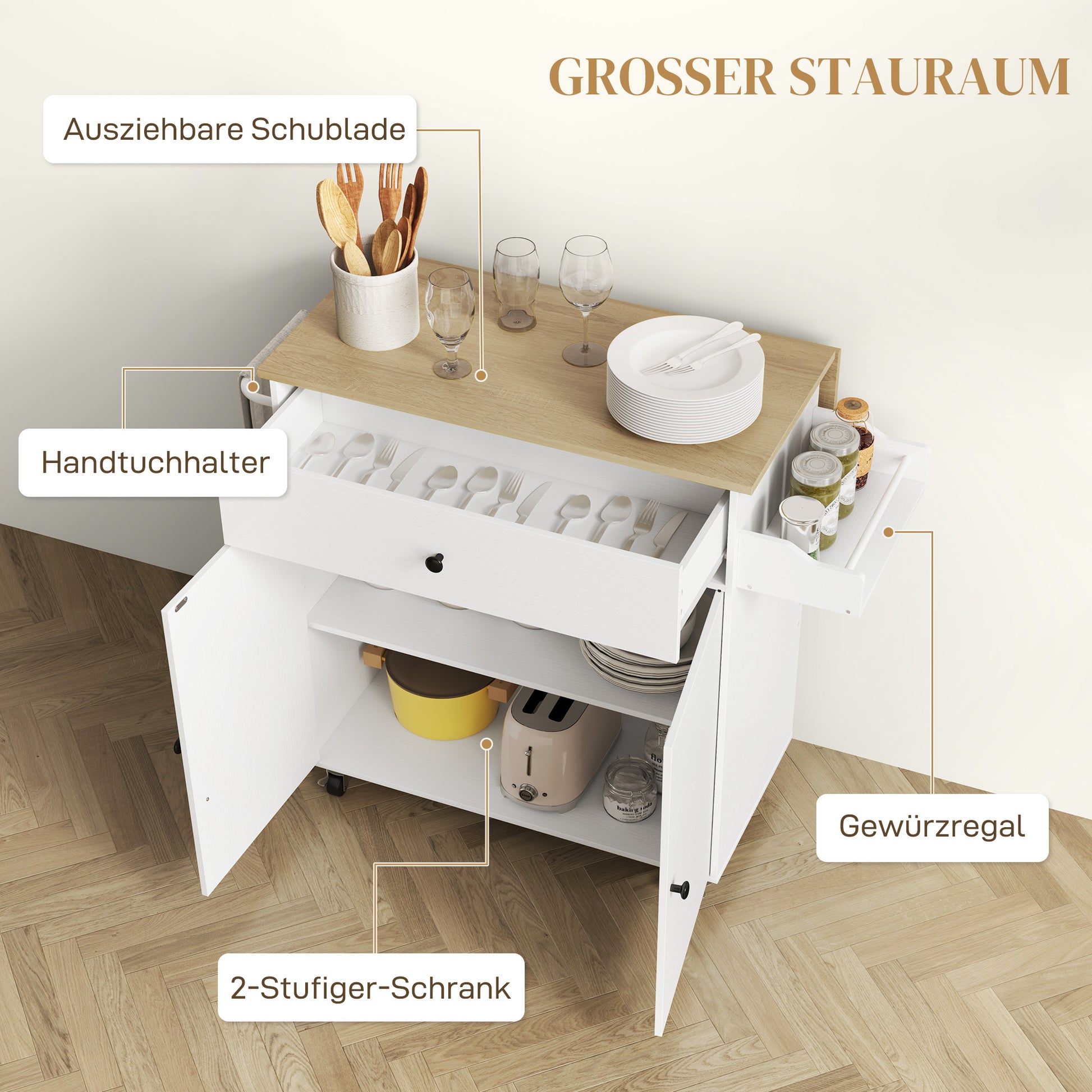 Kitchen Island Kitchen Cart on Wheels with Folding Countertop, Drawer, Kitchen Cabinet Rollable with Shelf, Towel Bar, Spice Rack, Serving Trolley White
