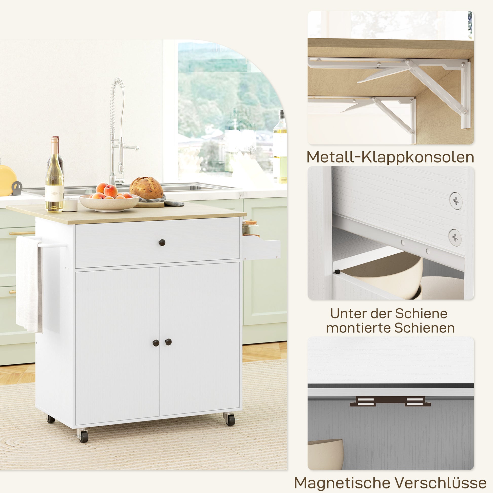Kitchen Island Kitchen Cart on Wheels with Folding Countertop, Drawer, Kitchen Cabinet Rollable with Shelf, Towel Bar, Spice Rack, Serving Trolley White