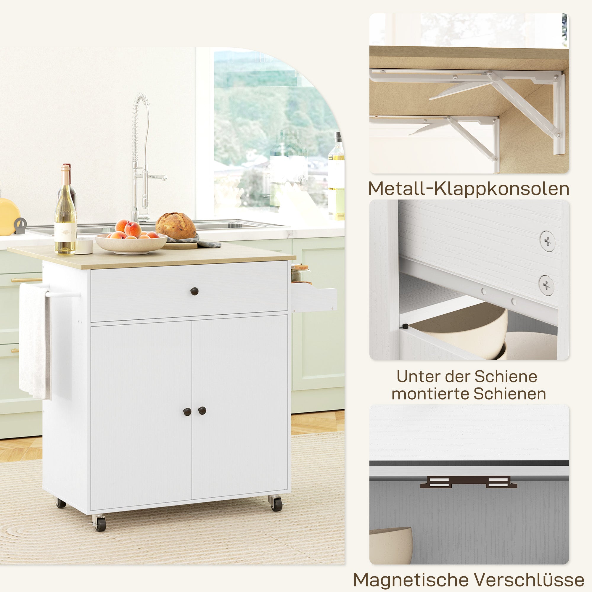 Kitchen Island Kitchen Cart on Wheels with Folding Countertop, Drawer, Kitchen Cabinet Rollable with Shelf, Towel Bar, Spice Rack, Serving Trolley White