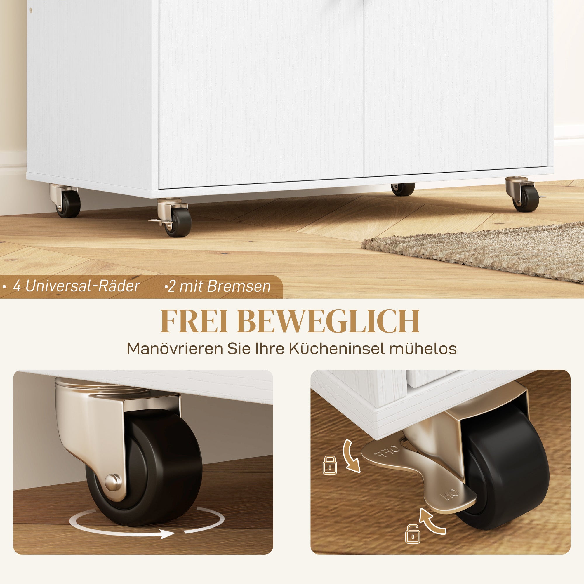 Kitchen Island Kitchen Cart on Wheels with Folding Countertop, Drawer, Kitchen Cabinet Rollable with Shelf, Towel Bar, Spice Rack, Serving Trolley White