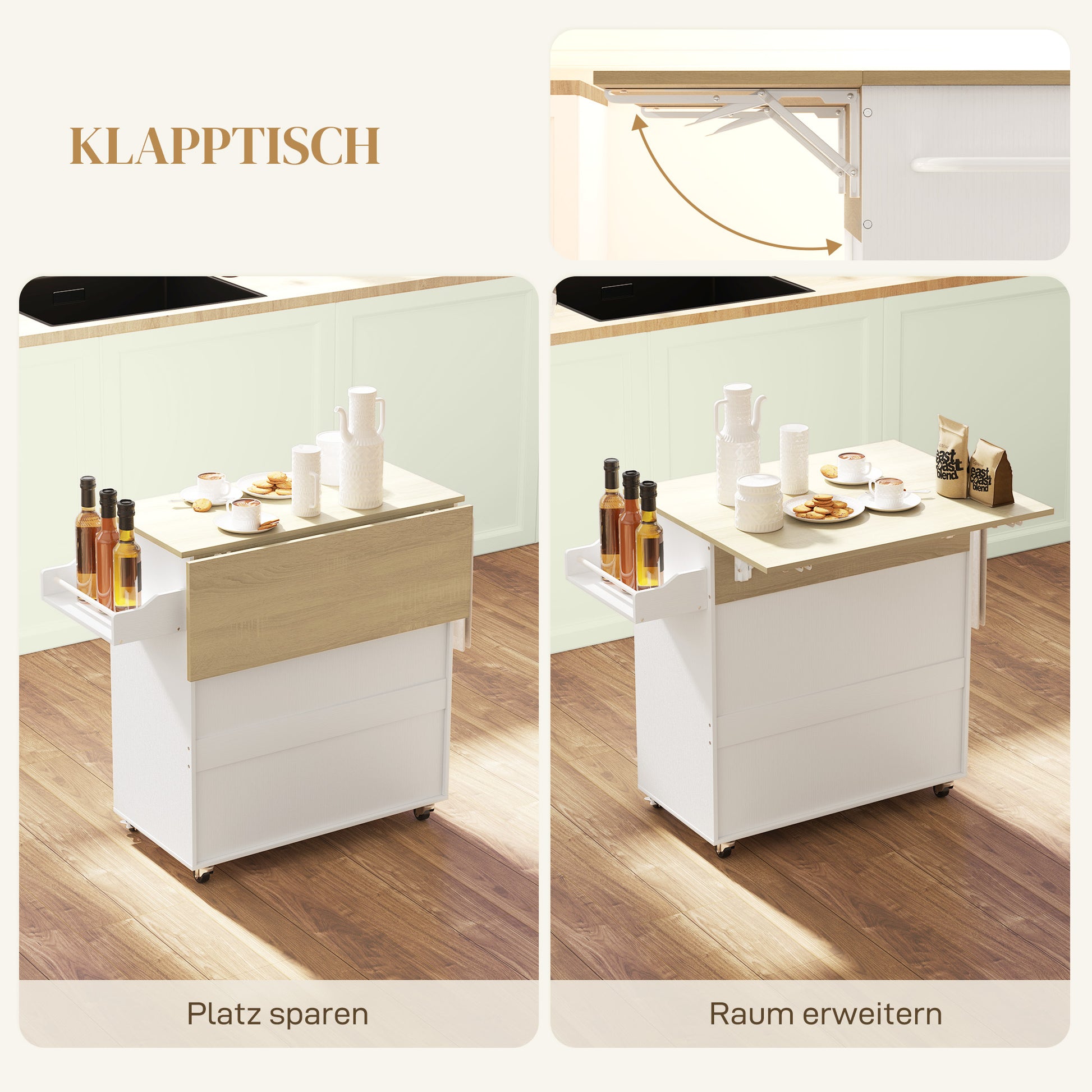 Kitchen Island Kitchen Cart on Wheels with Folding Countertop, Drawer, Kitchen Cabinet Rollable with Shelf, Towel Bar, Spice Rack, Serving Trolley White