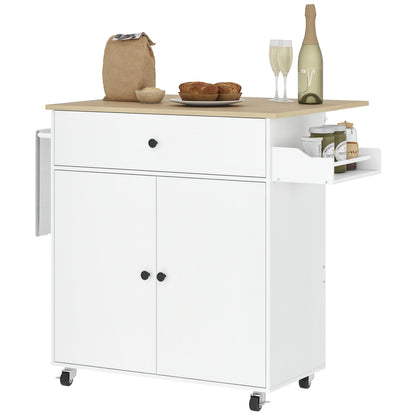 Kitchen Island Kitchen Cart on Wheels with Folding Countertop, Drawer, Kitchen Cabinet Rollable with Shelf, Towel Bar, Spice Rack, Serving Trolley White