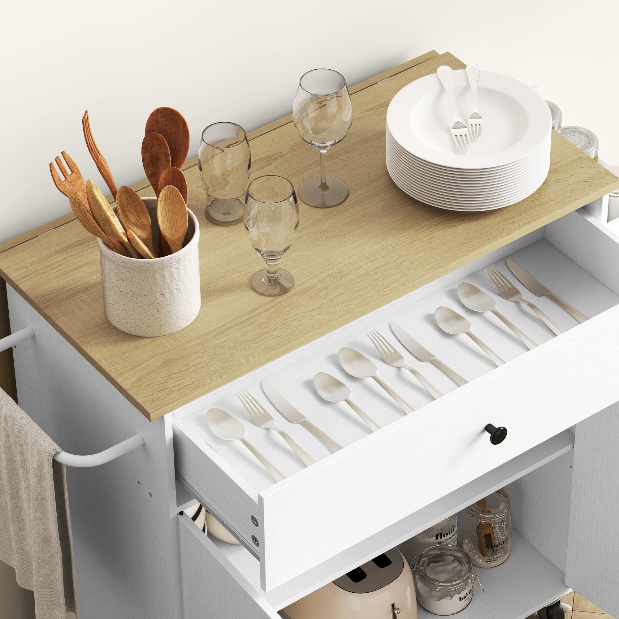 Kitchen Island Kitchen Cart on Wheels with Folding Countertop, Drawer, Kitchen Cabinet Rollable with Shelf, Towel Bar, Spice Rack, Serving Trolley White