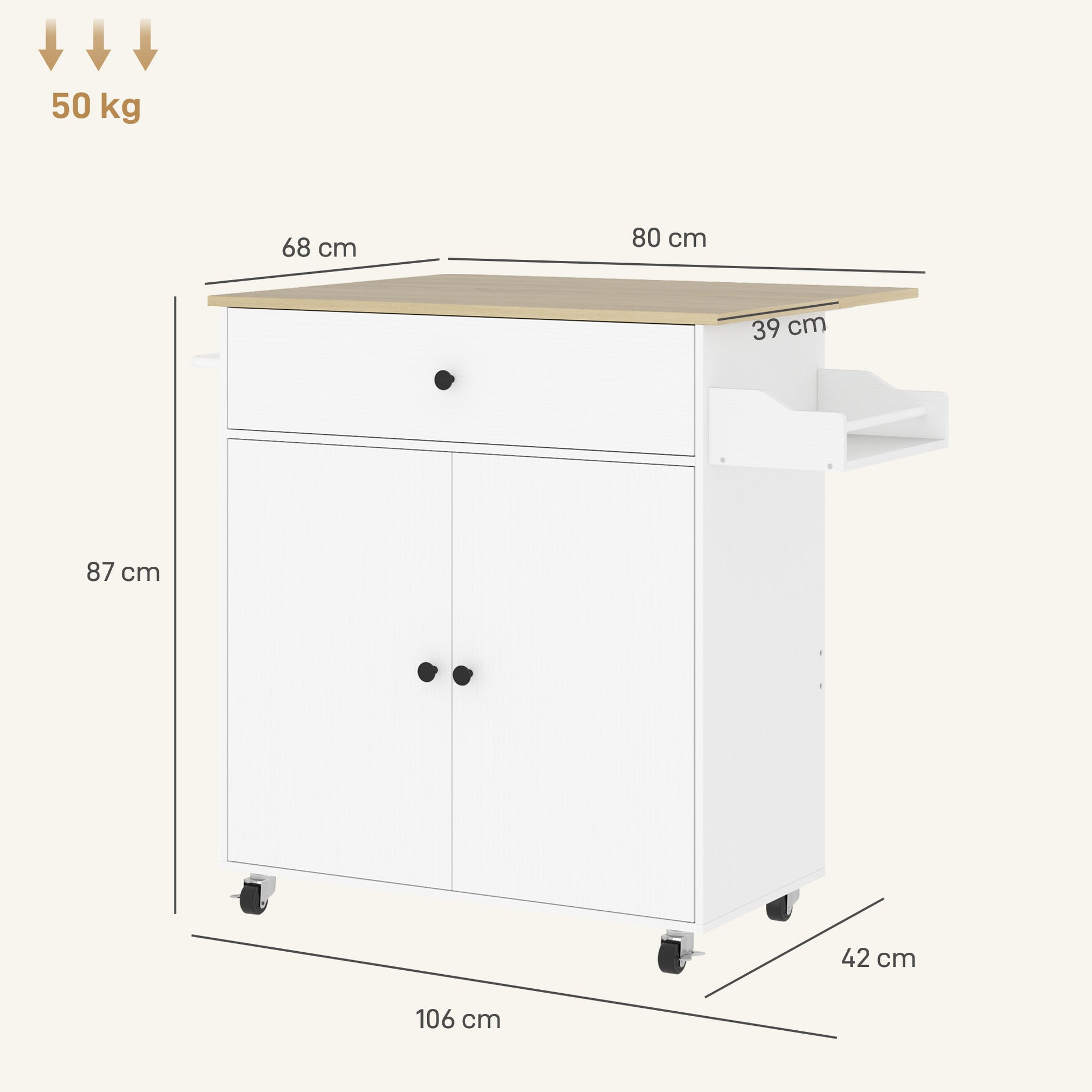 Kitchen Island Kitchen Cart on Wheels with Folding Countertop, Drawer, Kitchen Cabinet Rollable with Shelf, Towel Bar, Spice Rack, Serving Trolley White