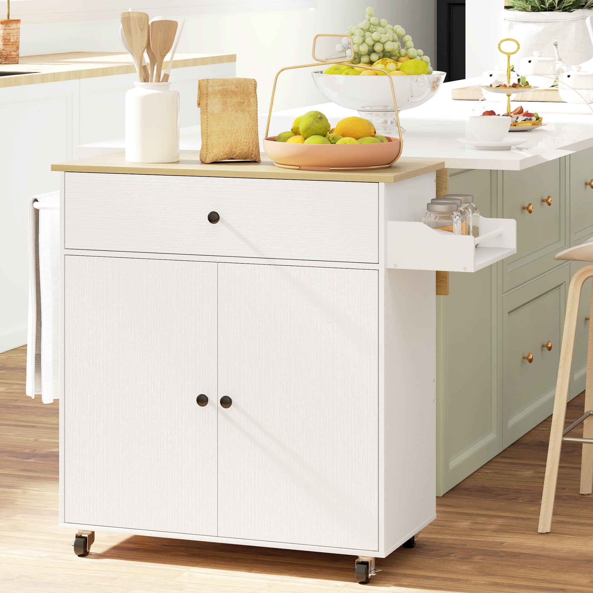Kitchen Island Kitchen Cart on Wheels with Folding Countertop, Drawer, Kitchen Cabinet Rollable with Shelf, Towel Bar, Spice Rack, Serving Trolley White