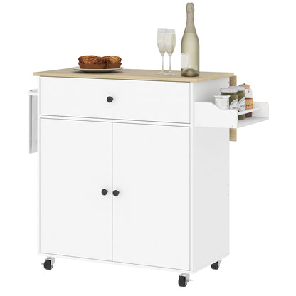 Kitchen Island Kitchen Cart on Wheels with Folding Countertop, Drawer, Kitchen Cabinet Rollable with Shelf, Towel Bar, Spice Rack, Serving Trolley White