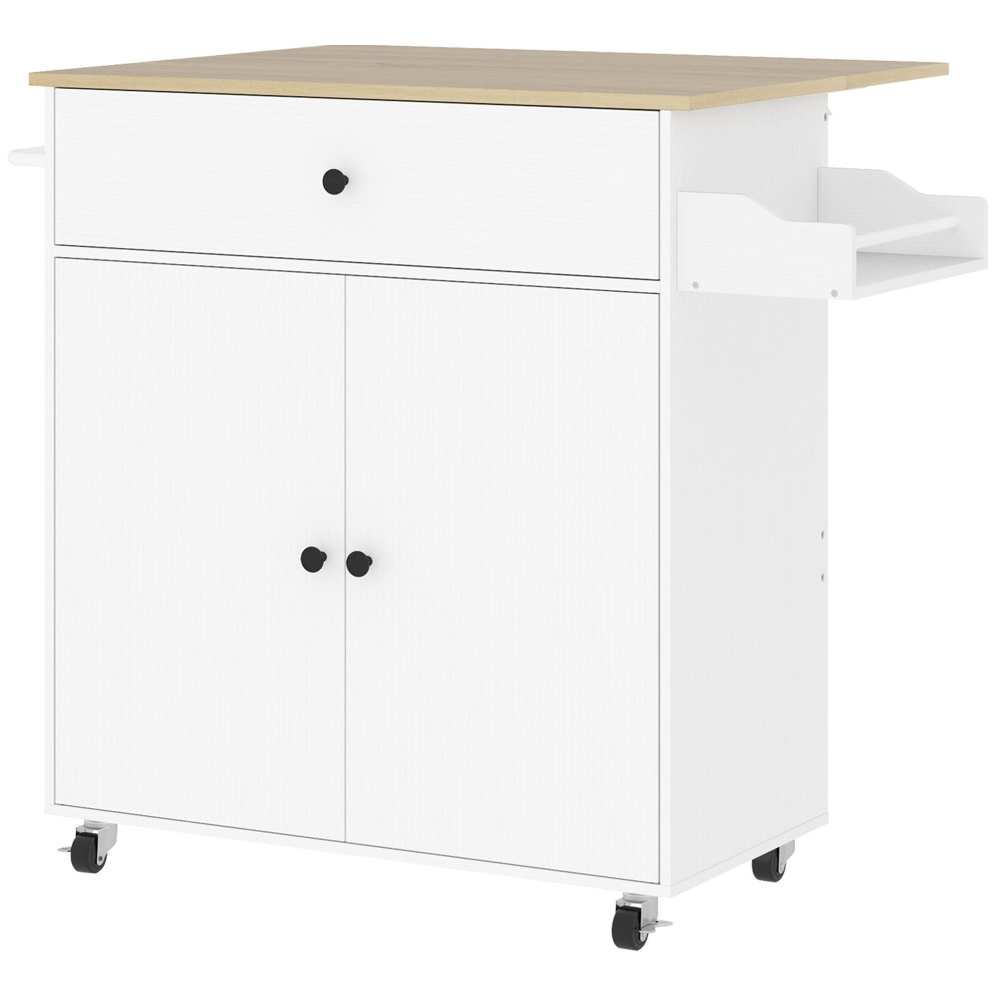 Kitchen Island Kitchen Cart on Wheels with Folding Countertop, Drawer, Kitchen Cabinet Rollable with Shelf, Towel Bar, Spice Rack, Serving Trolley White