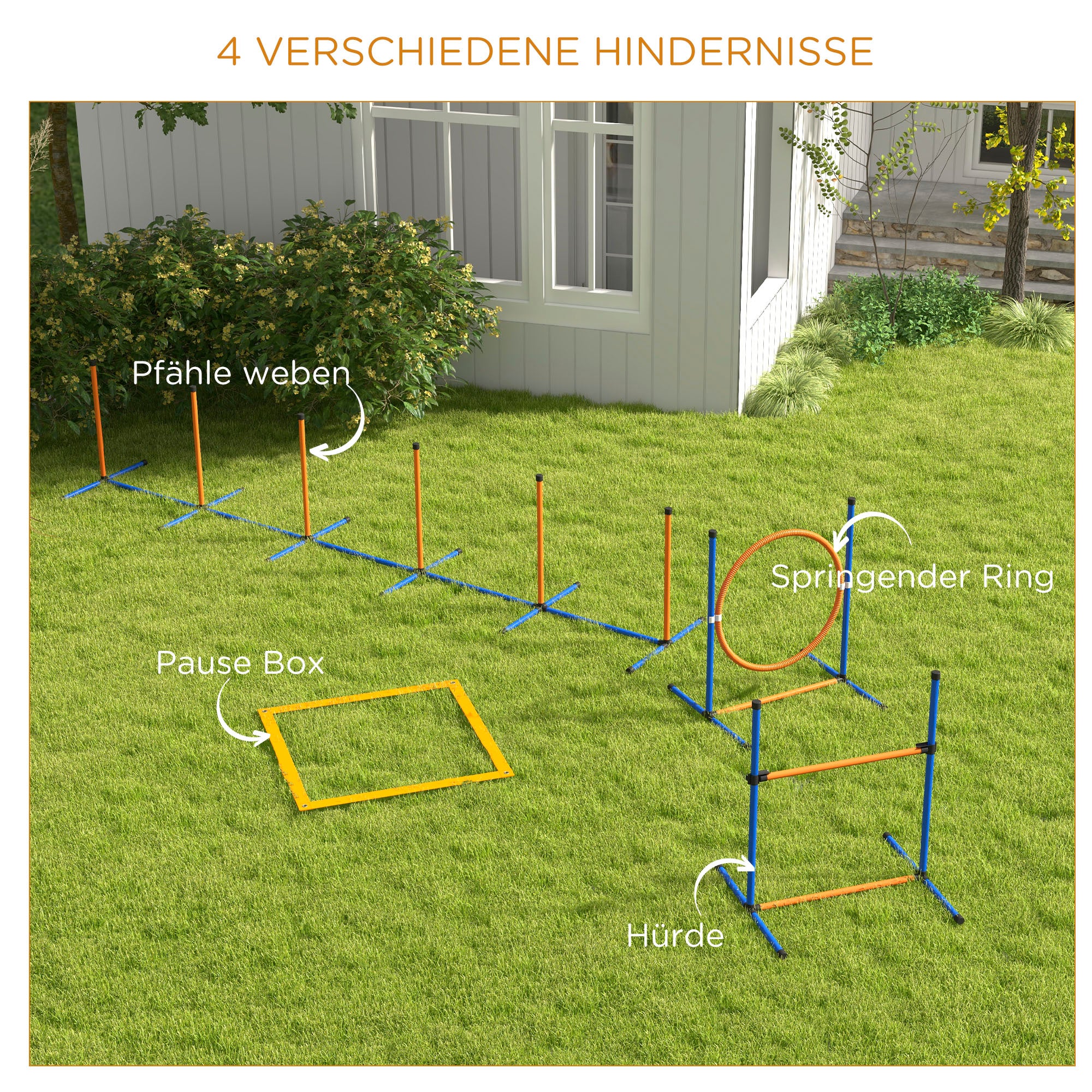 Dog Agility Set, 4-Piece Dog Training with Adjustable Height Agility Hurdles, Weave Poles, Break Box, Jump Hoop, Stick Hurdle Set including Whistle, Carry Bag
