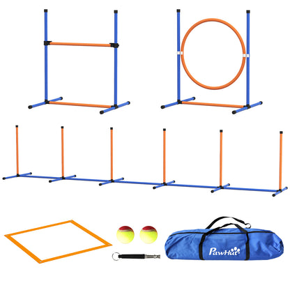 Dog Agility Set, 4-Piece Dog Training with Adjustable Height Agility Hurdles, Weave Poles, Break Box, Jump Hoop, Stick Hurdle Set including Whistle, Carry Bag