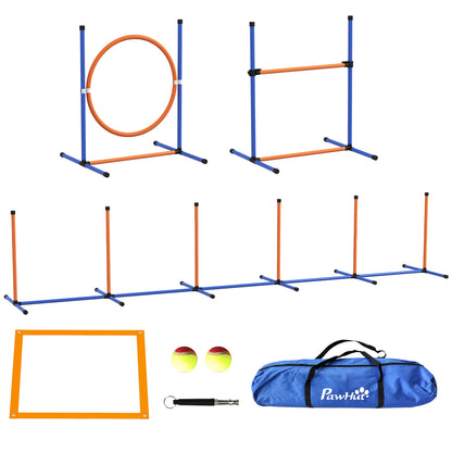 Dog Agility Set, 4-Piece Dog Training with Adjustable Height Agility Hurdles, Weave Poles, Break Box, Jump Hoop, Stick Hurdle Set including Whistle, Carry Bag