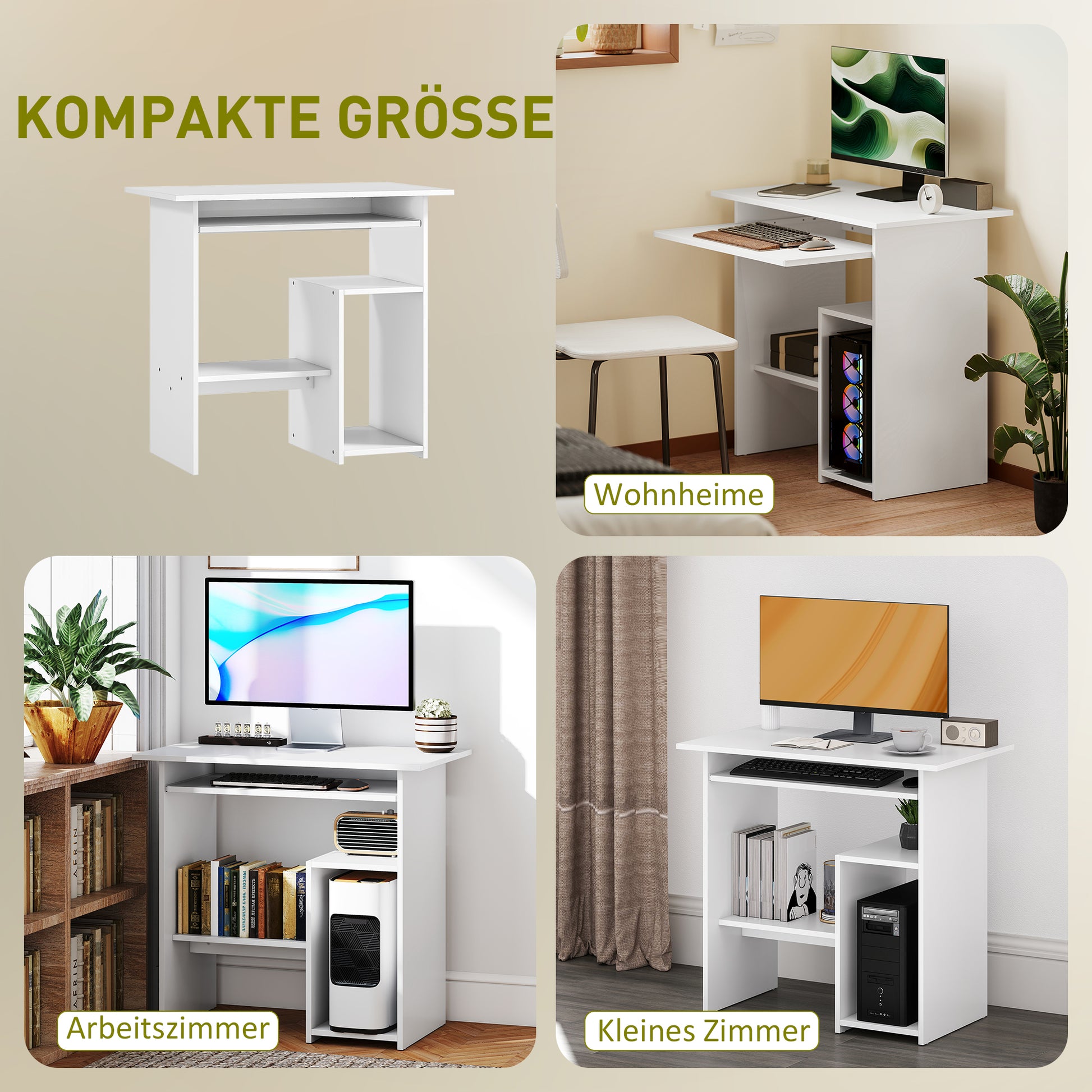 Desk, 80 x 45 cm, Computer Desk, Office Desk with Keyboard Tray, Open Compartments, and Shelves, Chipboard, for Home Office, Bedroom, White