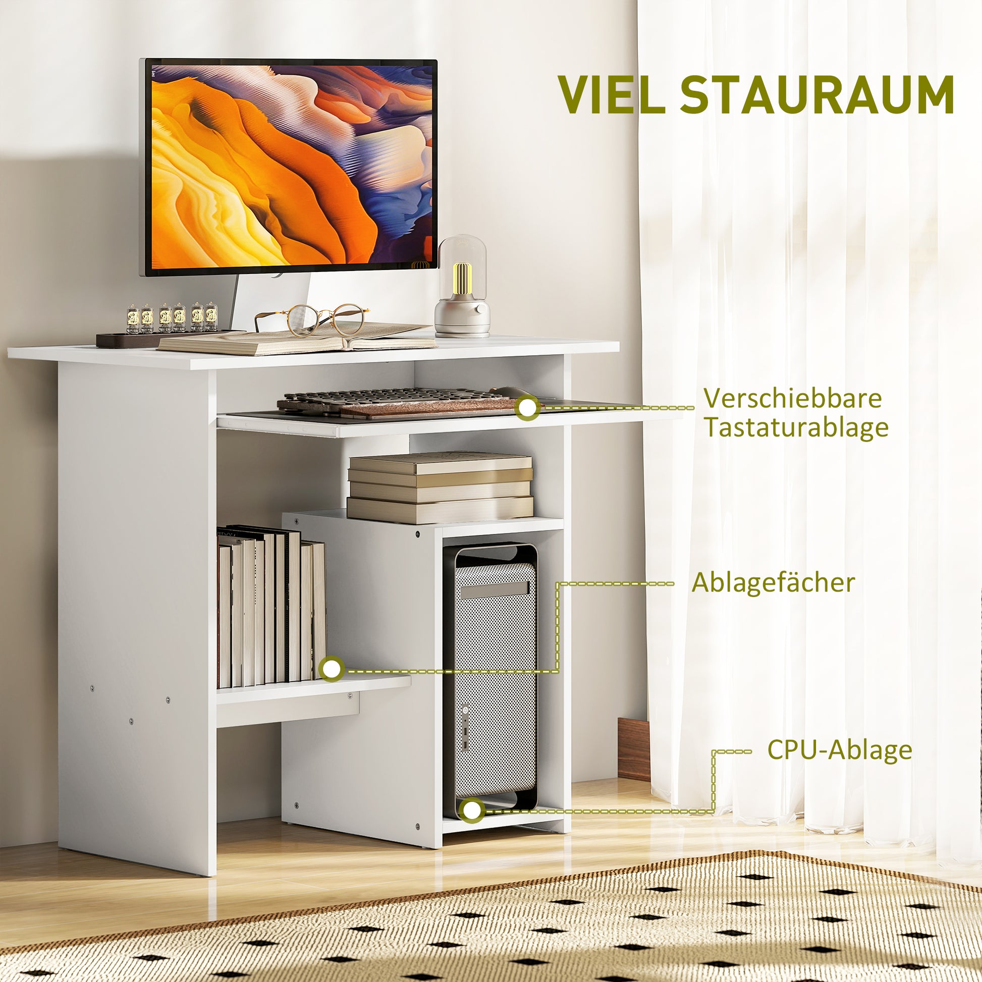 Desk, 80 x 45 cm, Computer Desk, Office Desk with Keyboard Tray, Open Compartments, and Shelves, Chipboard, for Home Office, Bedroom, White