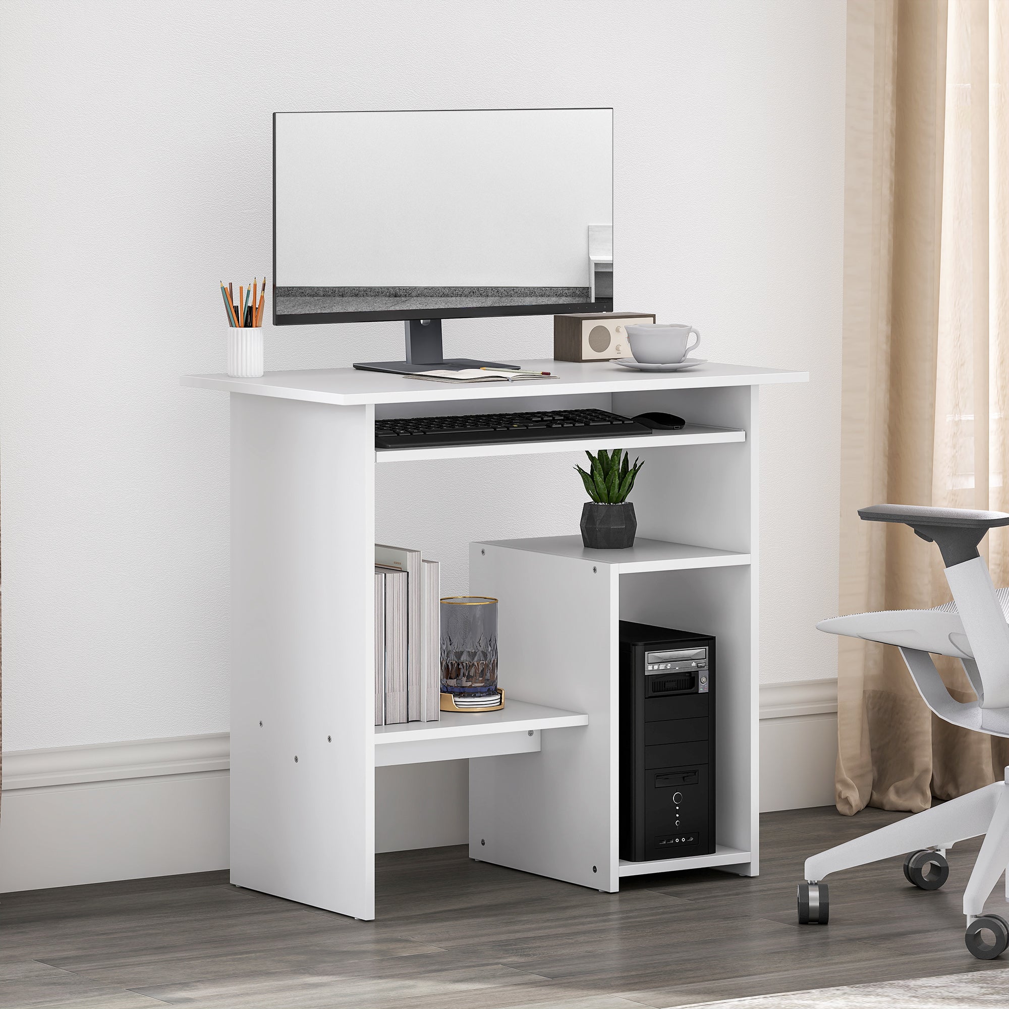 Desk, 80 x 45 cm, Computer Desk, Office Desk with Keyboard Tray, Open Compartments, and Shelves, Chipboard, for Home Office, Bedroom, White