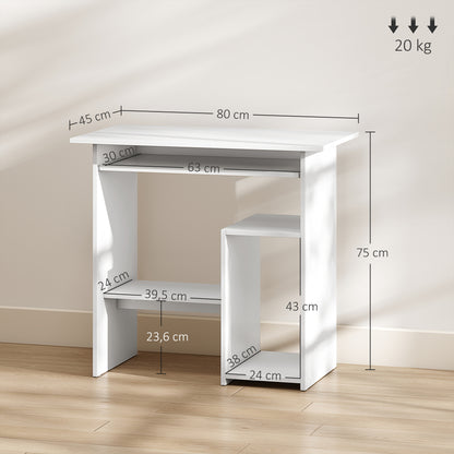 Desk, 80 x 45 cm, Computer Desk, Office Desk with Keyboard Tray, Open Compartments, and Shelves, Chipboard, for Home Office, Bedroom, White