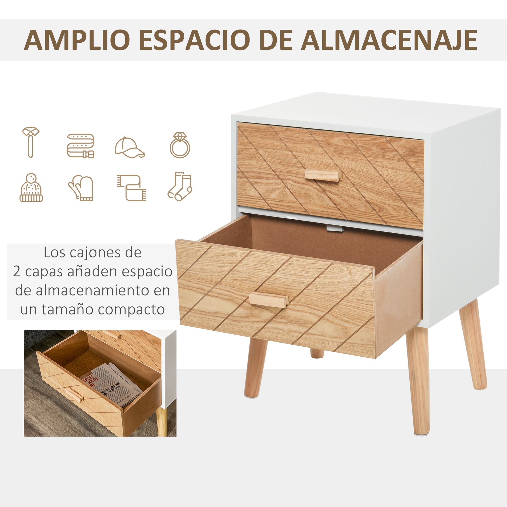 2-Drawer Dresser Bedroom Nightstand with Elevated Legs for Living Room 40x30x55.5 cm White and Natural