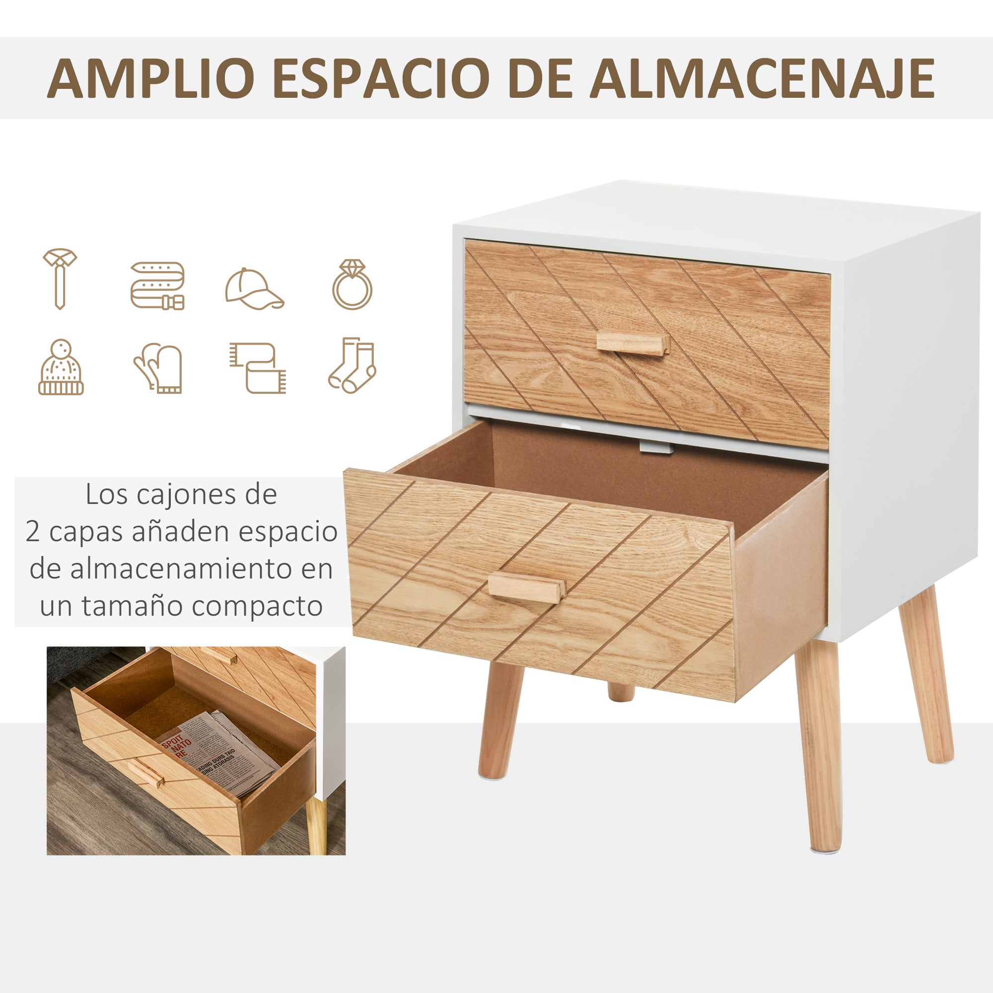 2-Drawer Dresser Bedroom Nightstand with Elevated Legs for Living Room 40x30x55.5 cm White and Natural