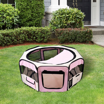 Foldable Playpen for Dogs & Cats — Portable Octagonal Pet Pen, Water-Resistant 600D Oxford with 2 Zippered Doors, Indoor/Outdoor, Ø90 x 41 cm (35.4 x 16.1 in), Pink