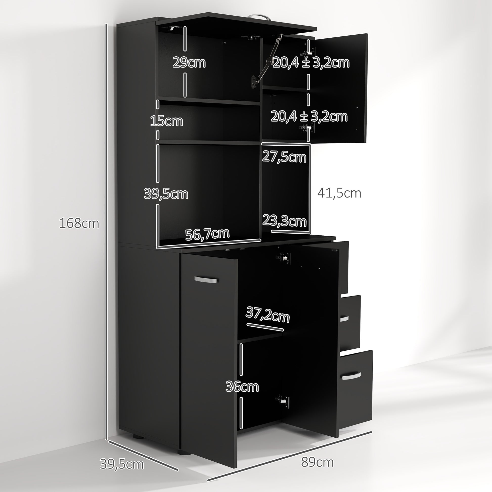 Multi-storage Kitchen Cabinet 4 Doors 3 Drawers Shelf + Large Worktop 89L x 39.5W x 168H cm Black