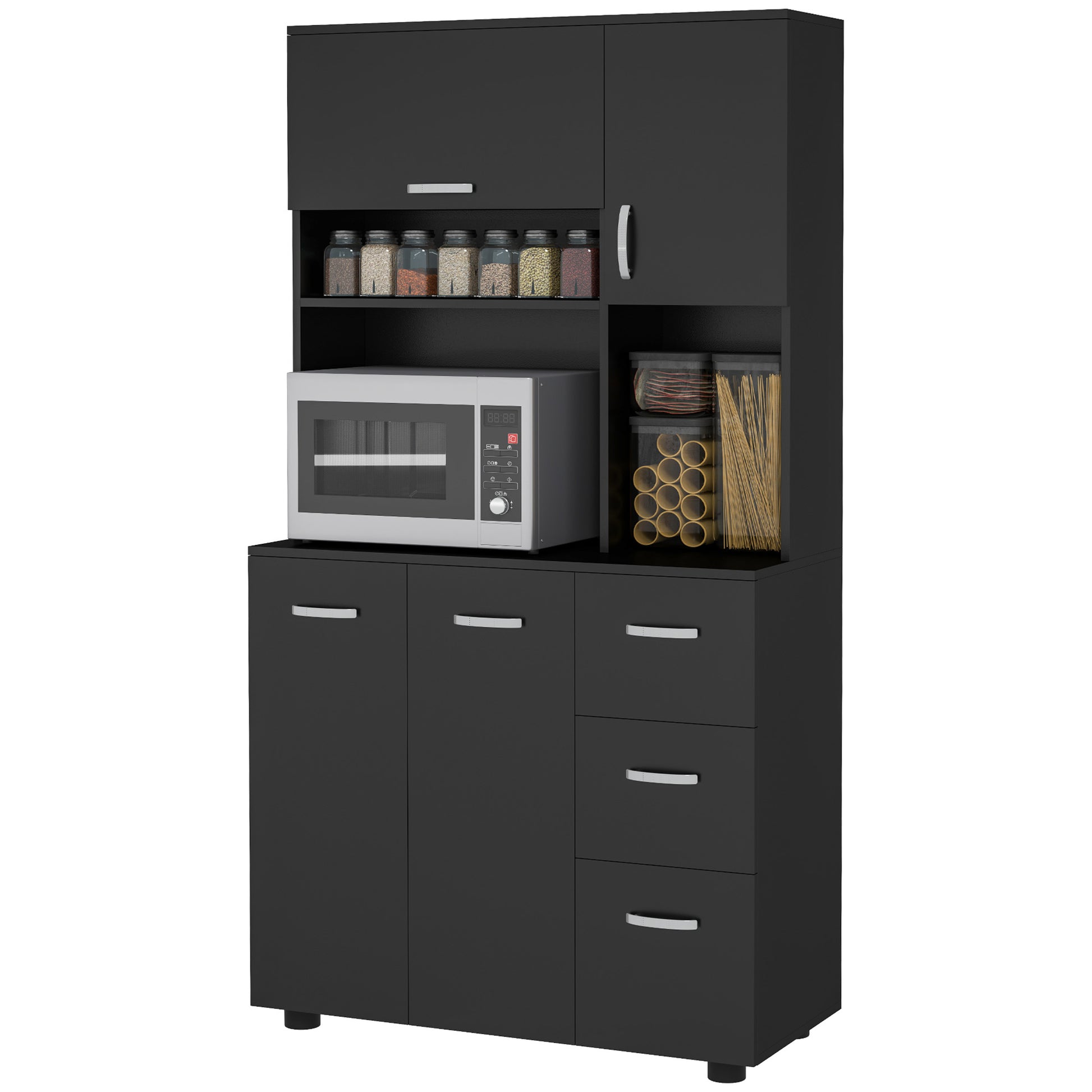 Multi-storage Kitchen Cabinet 4 Doors 3 Drawers Shelf + Large Worktop 89L x 39.5W x 168H cm Black