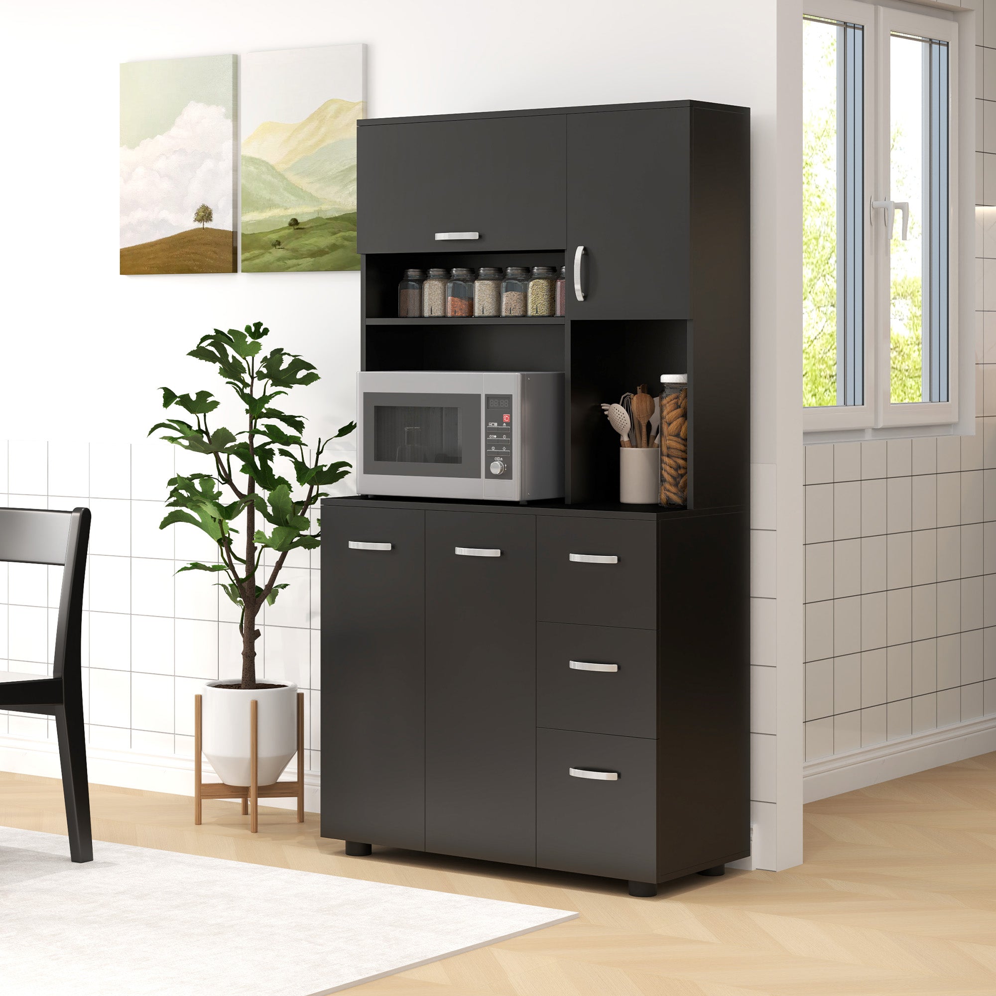 Multi-storage Kitchen Cabinet 4 Doors 3 Drawers Shelf + Large Worktop 89L x 39.5W x 168H cm Black