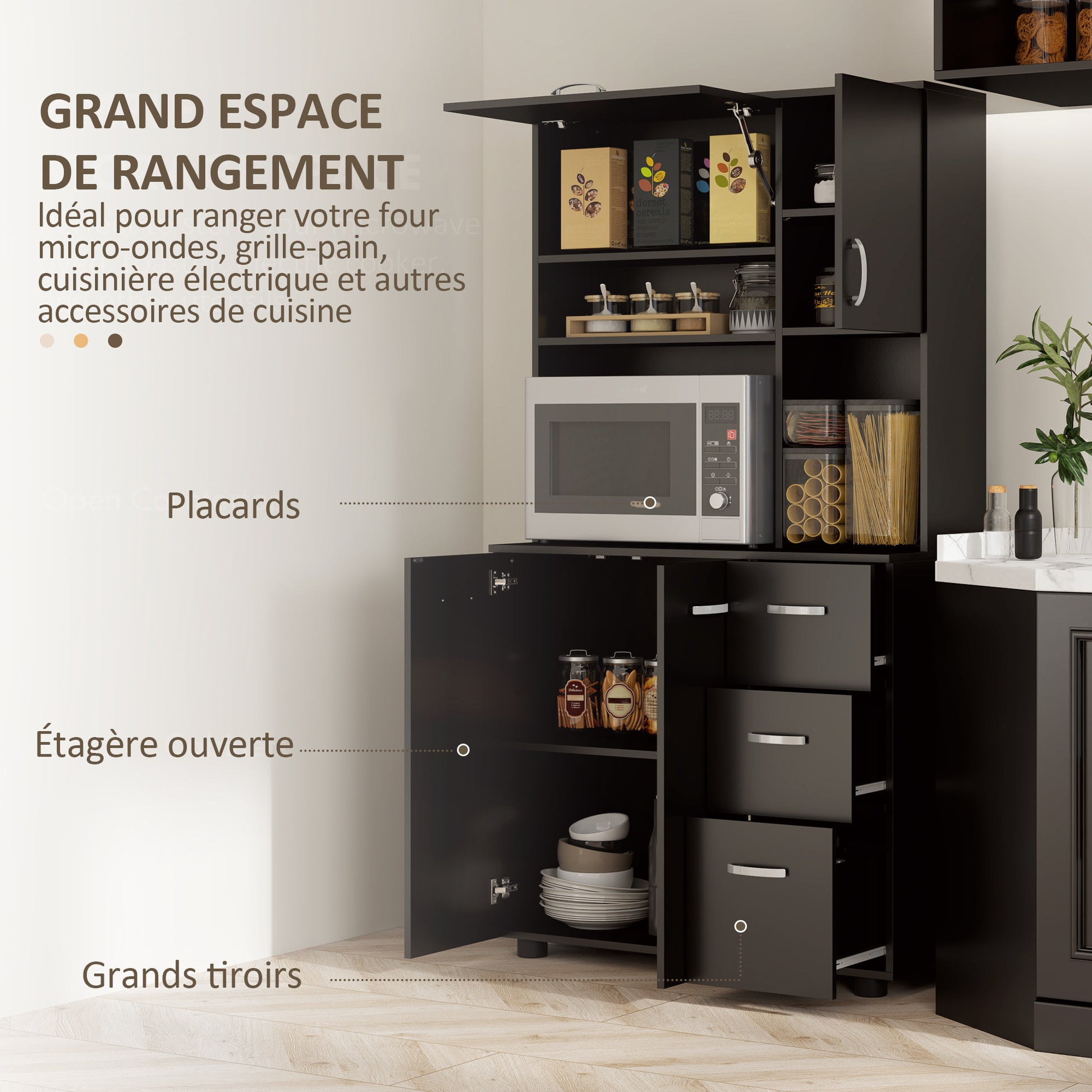 Multi-storage Kitchen Cabinet 4 Doors 3 Drawers Shelf + Large Worktop 89L x 39.5W x 168H cm Black