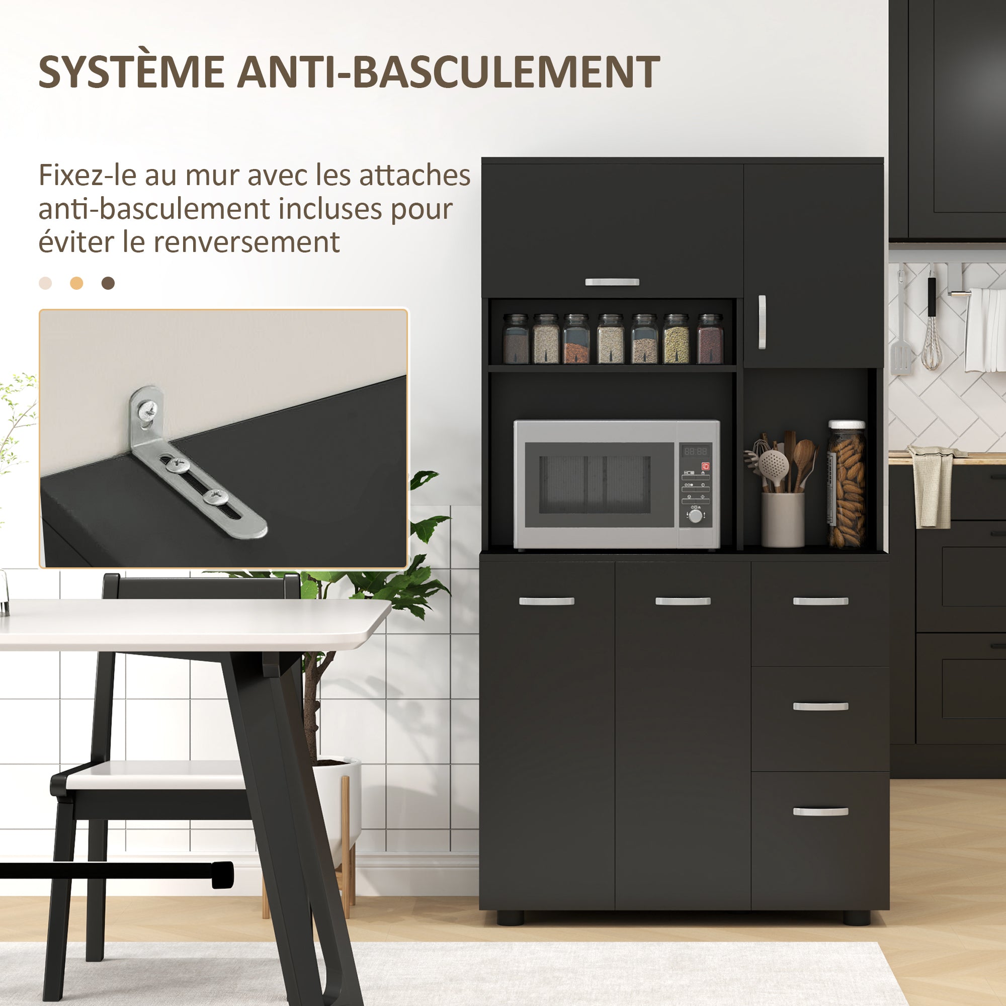 Multi-storage Kitchen Cabinet 4 Doors 3 Drawers Shelf + Large Worktop 89L x 39.5W x 168H cm Black