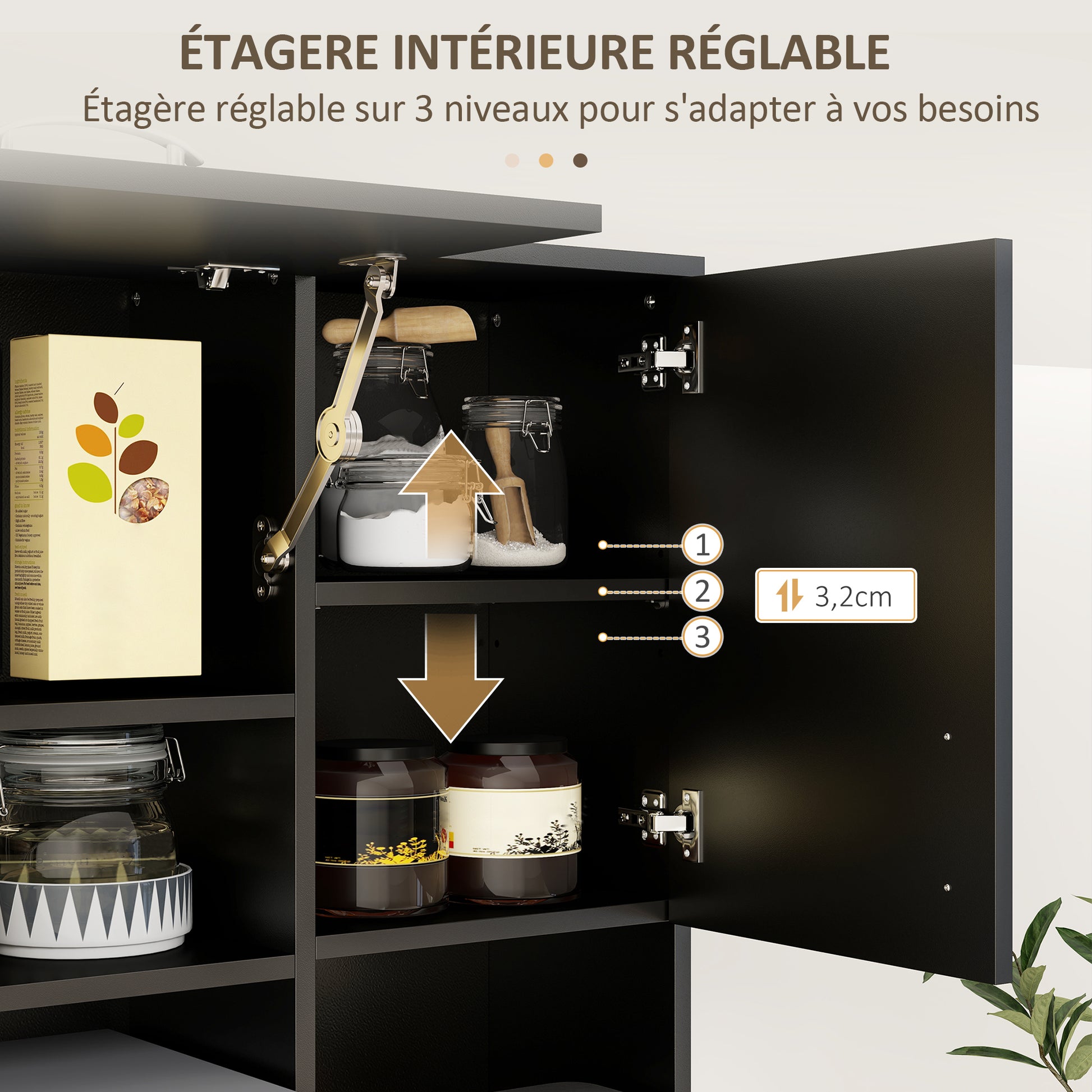 Multi-storage Kitchen Cabinet 4 Doors 3 Drawers Shelf + Large Worktop 89L x 39.5W x 168H cm Black