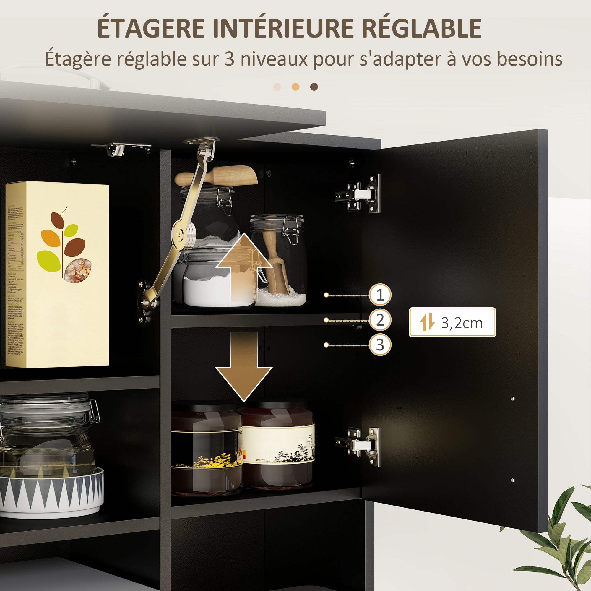 Multi-storage Kitchen Cabinet 4 Doors 3 Drawers Shelf + Large Worktop 89L x 39.5W x 168H cm Black