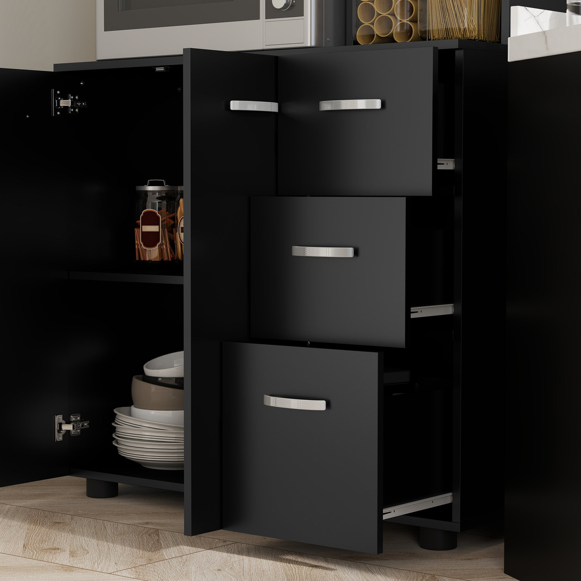 Multi-storage Kitchen Cabinet 4 Doors 3 Drawers Shelf + Large Worktop 89L x 39.5W x 168H cm Black