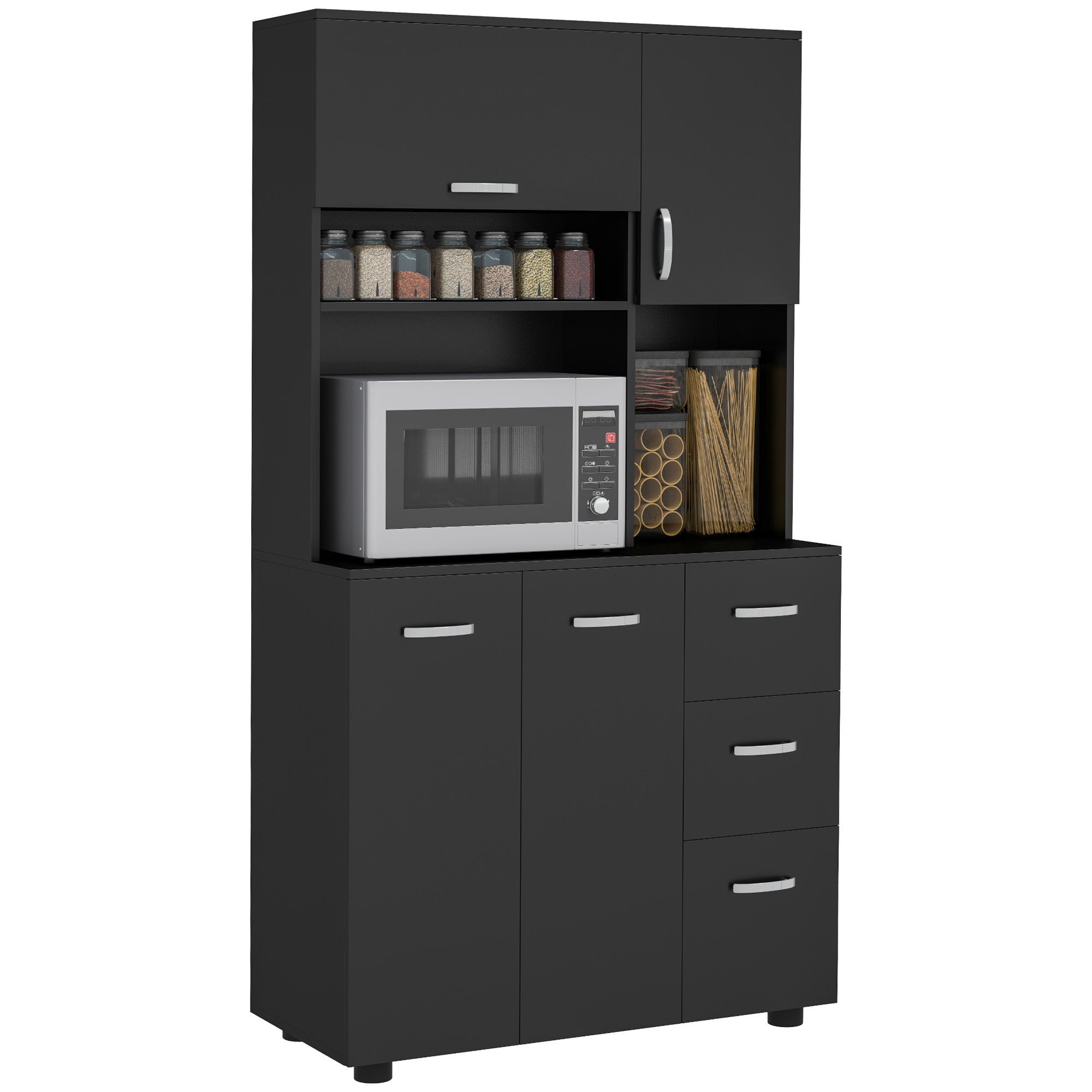 Multi-storage Kitchen Cabinet 4 Doors 3 Drawers Shelf + Large Worktop 89L x 39.5W x 168H cm Black