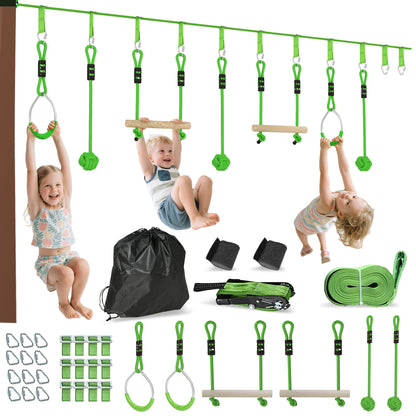 Children's Zip Line 10m Zip Line Set for Children Outdoor Slackline with 2 Rings, 2 Climbing Bars, and 3 Spinner Wheels, Backyard Zip Line Kit for Backyard Garden